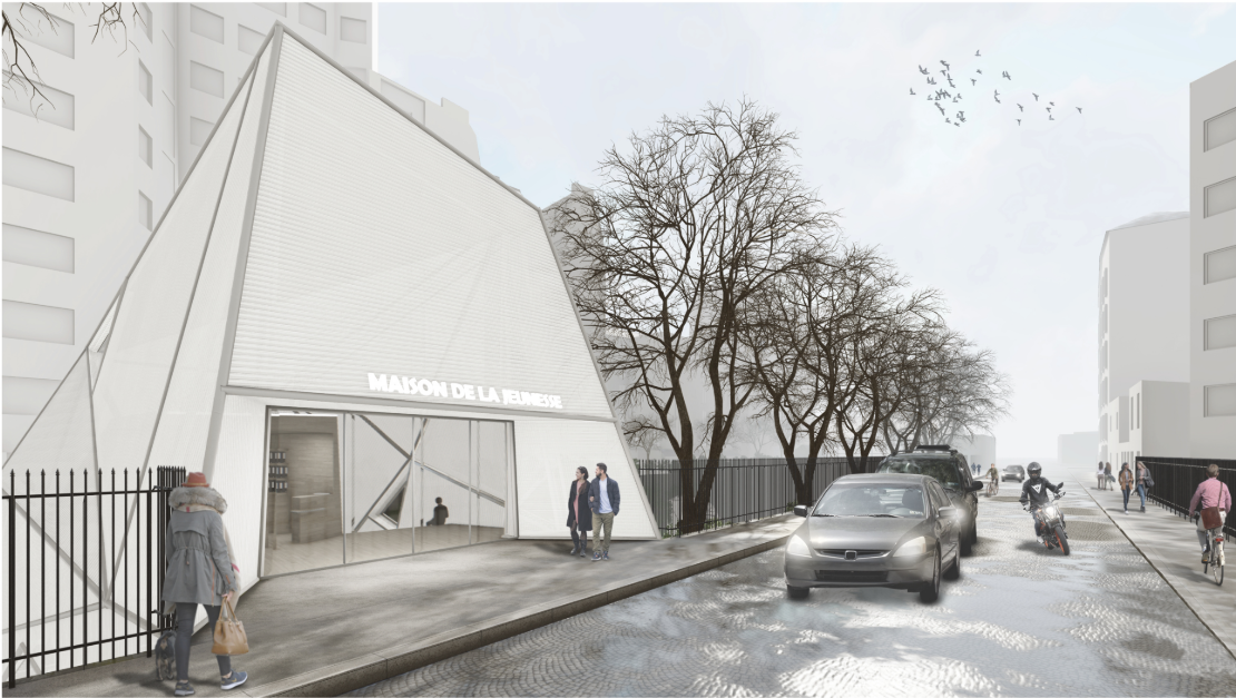  Street-facing view of the youth center, integrating contemporary architecture into the Parisian urban fabric.