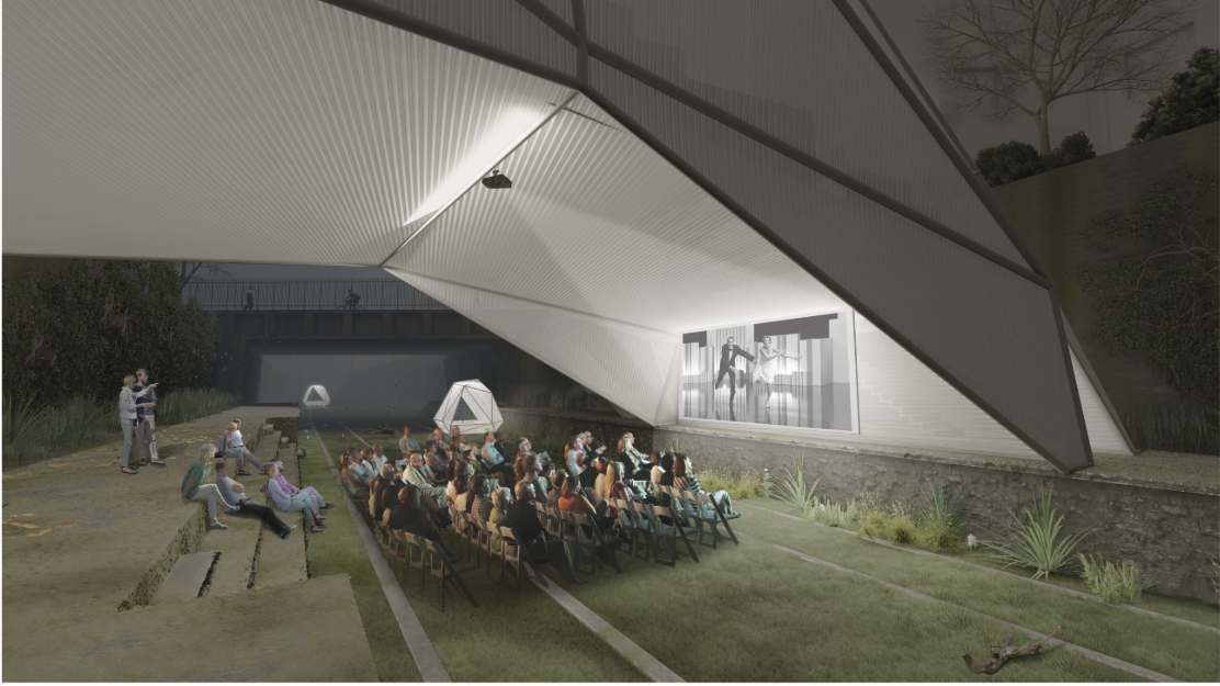  Outdoor cinema setup beneath the structure, activating the railway corridor as a cultural public space.