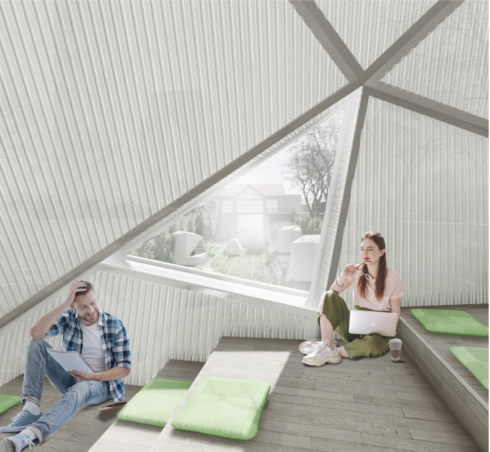  Reconfigurable geometric modules placed along the railway, enabling adaptive reuse and dynamic public engagement.