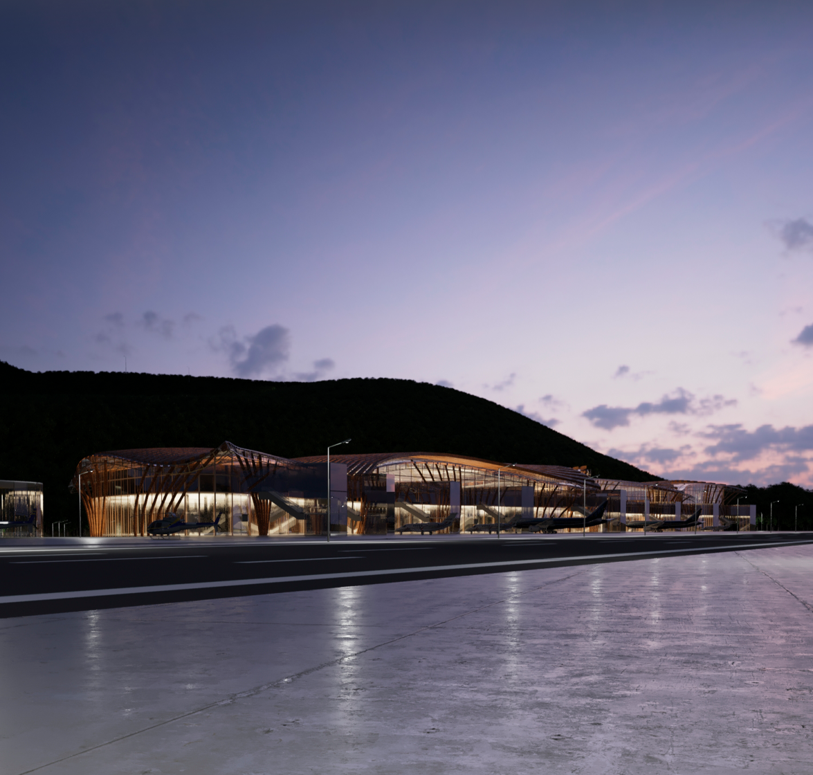 Terminal façade at dusk highlighting fluid structural form and transparency in sustainable airport design.