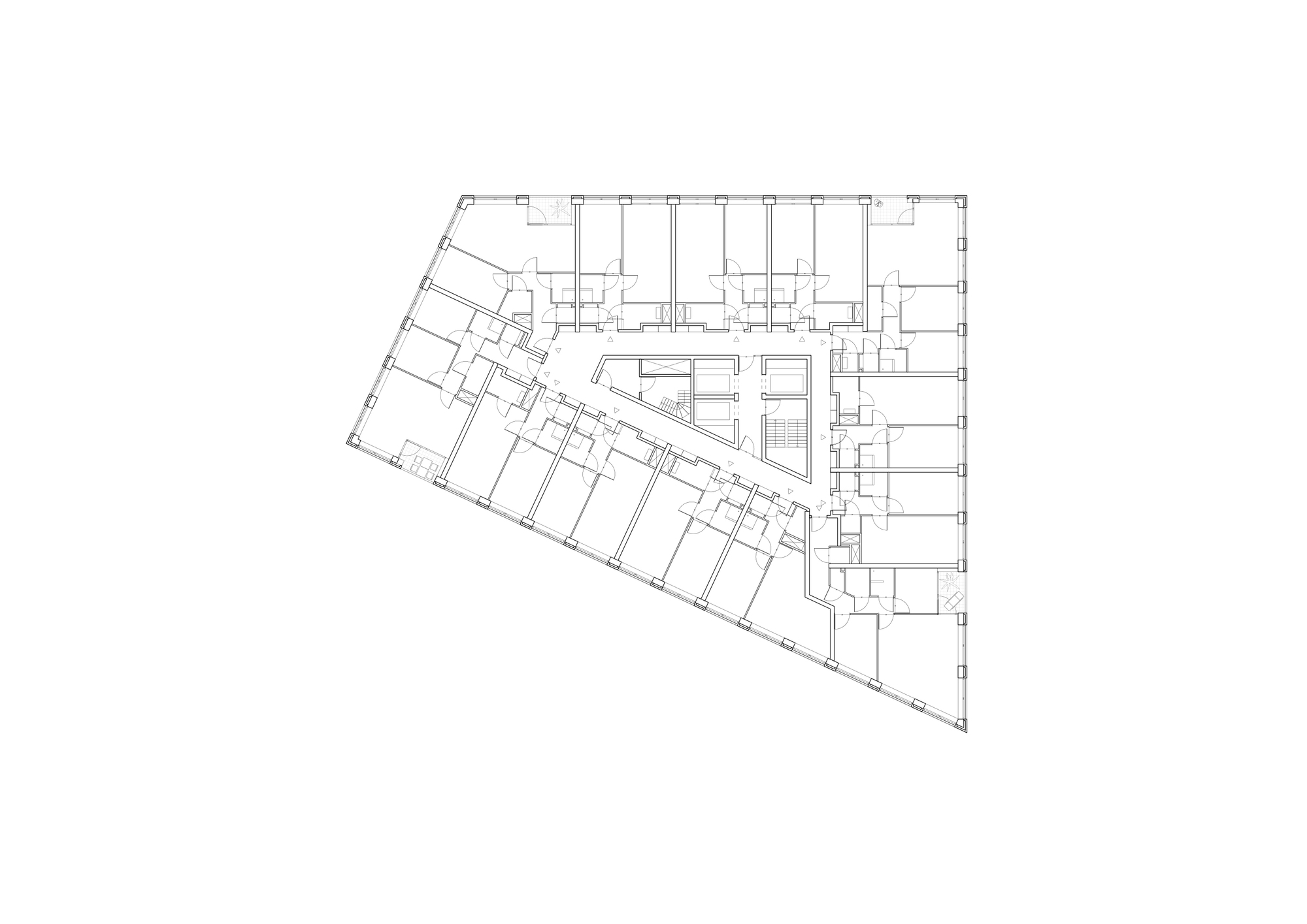 Floor plan drawing showing angled wing of open-plan spaces alongside cellular rooms and central stair