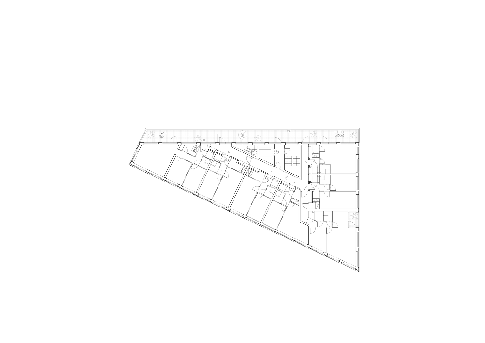 Floor plan drawing showing upper level with angled perimeter and central circulation core