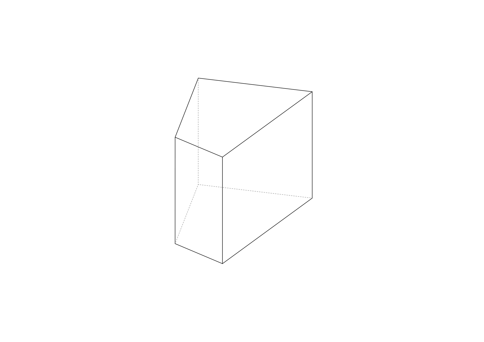 Axonometric drawing showing a wedge-shaped volume with sloped roof and triangular massing