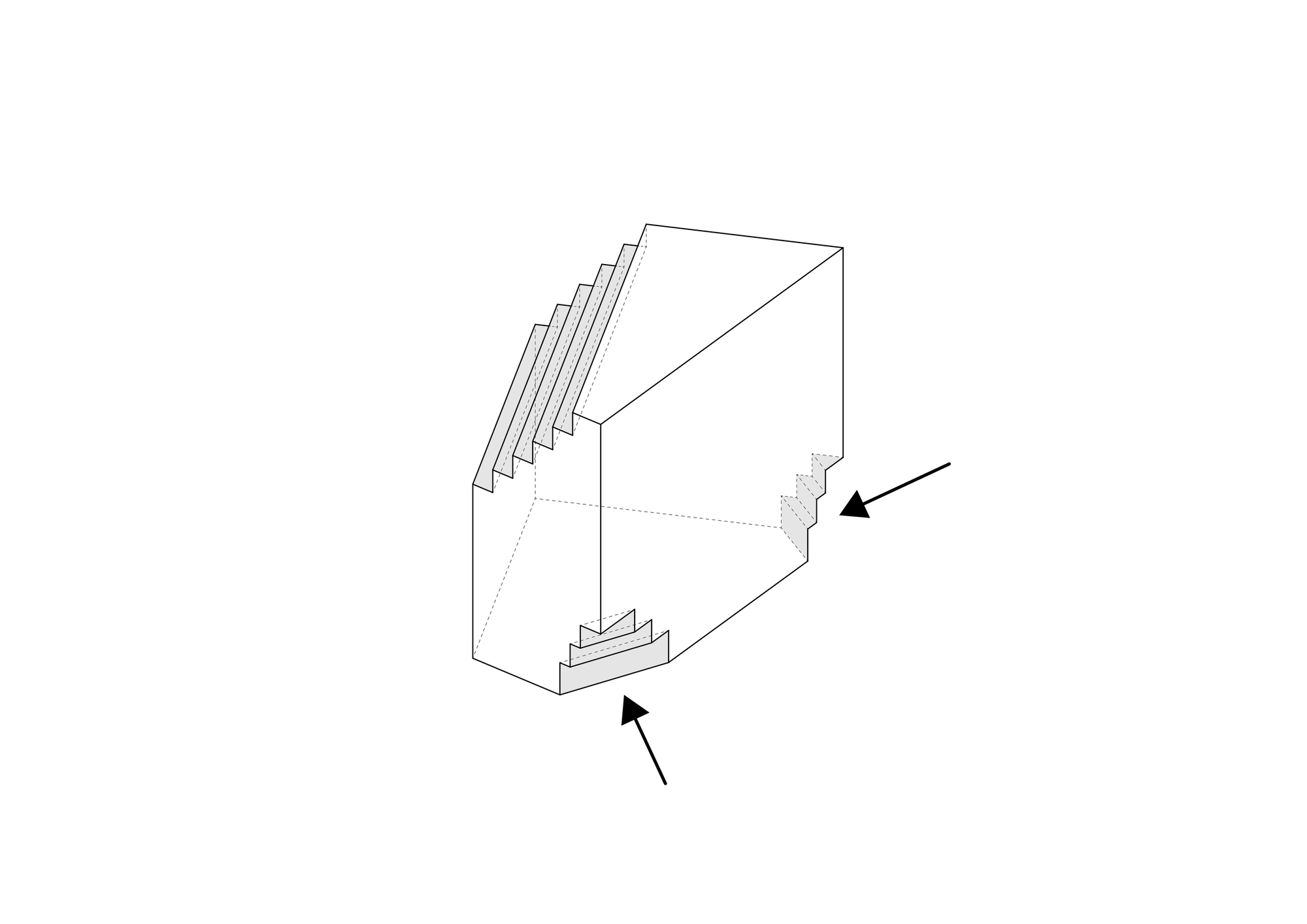 Isometric diagram showing staircase entry points at upper and lower levels within a rectangular volume