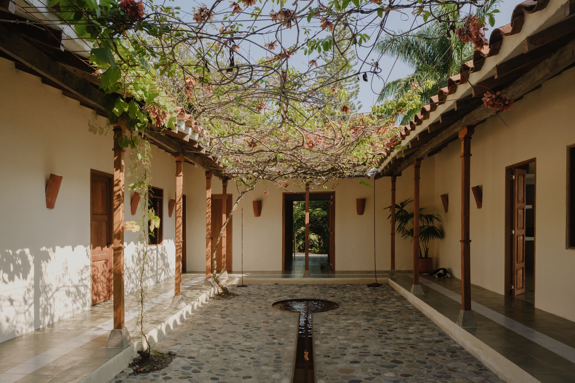 Central courtyard with terrazzo floor, timber columns, and overhead flowering vine trellis
