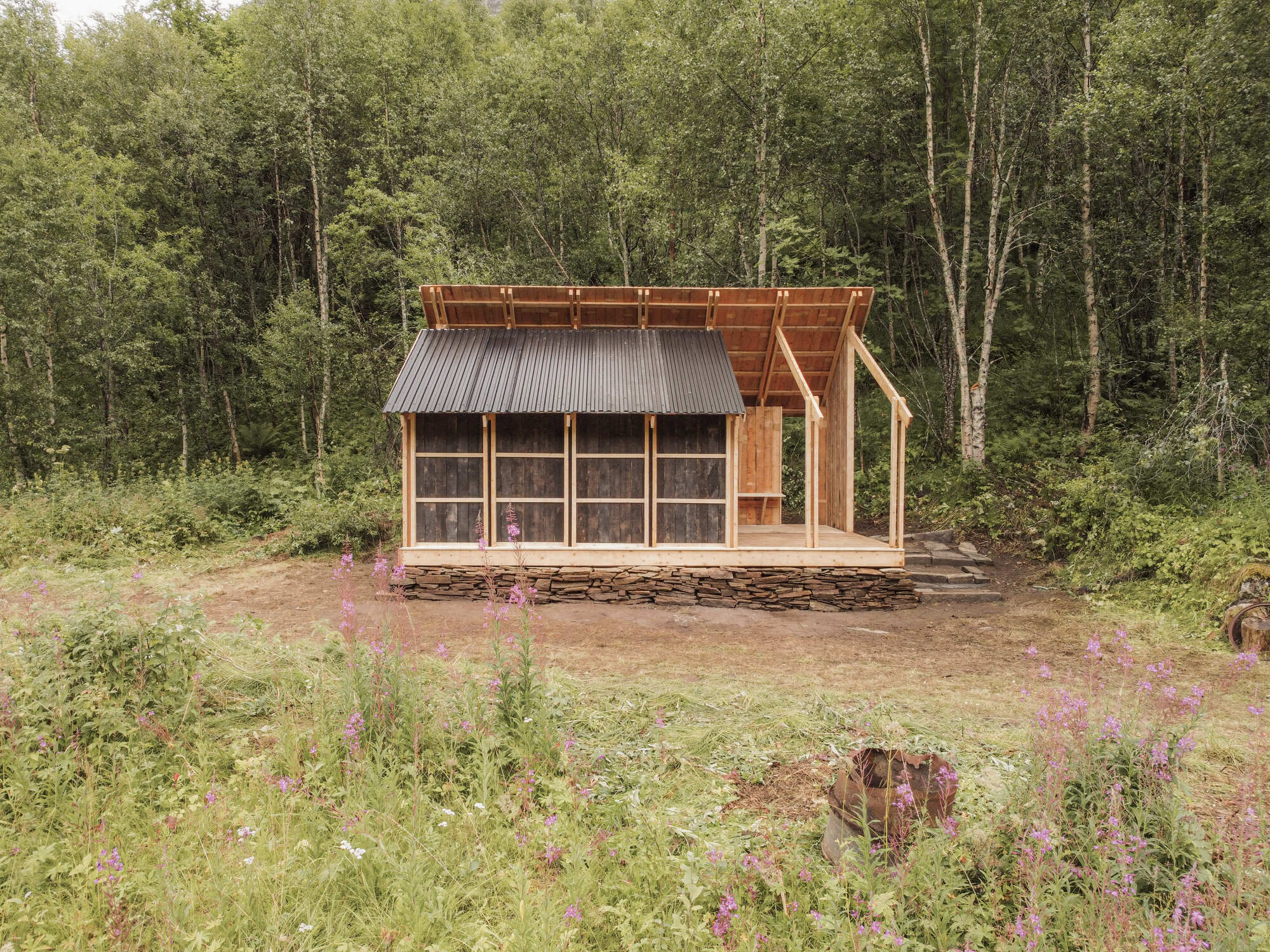 Timber pavilion with corrugated metal roof and glazed facade on cleared ground surrounded by birch forest