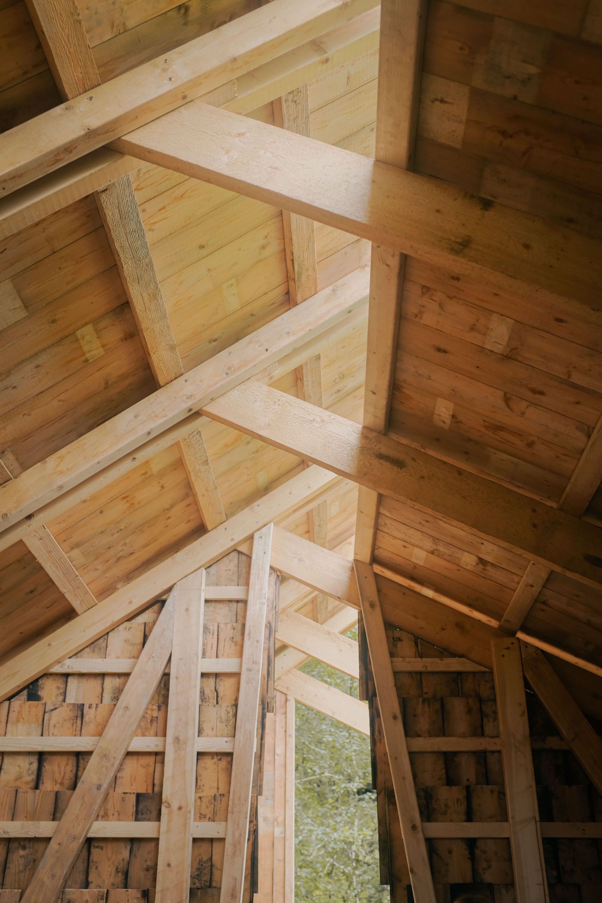 Upward view of exposed timber ceiling beams and rafters meeting at the roof ridge