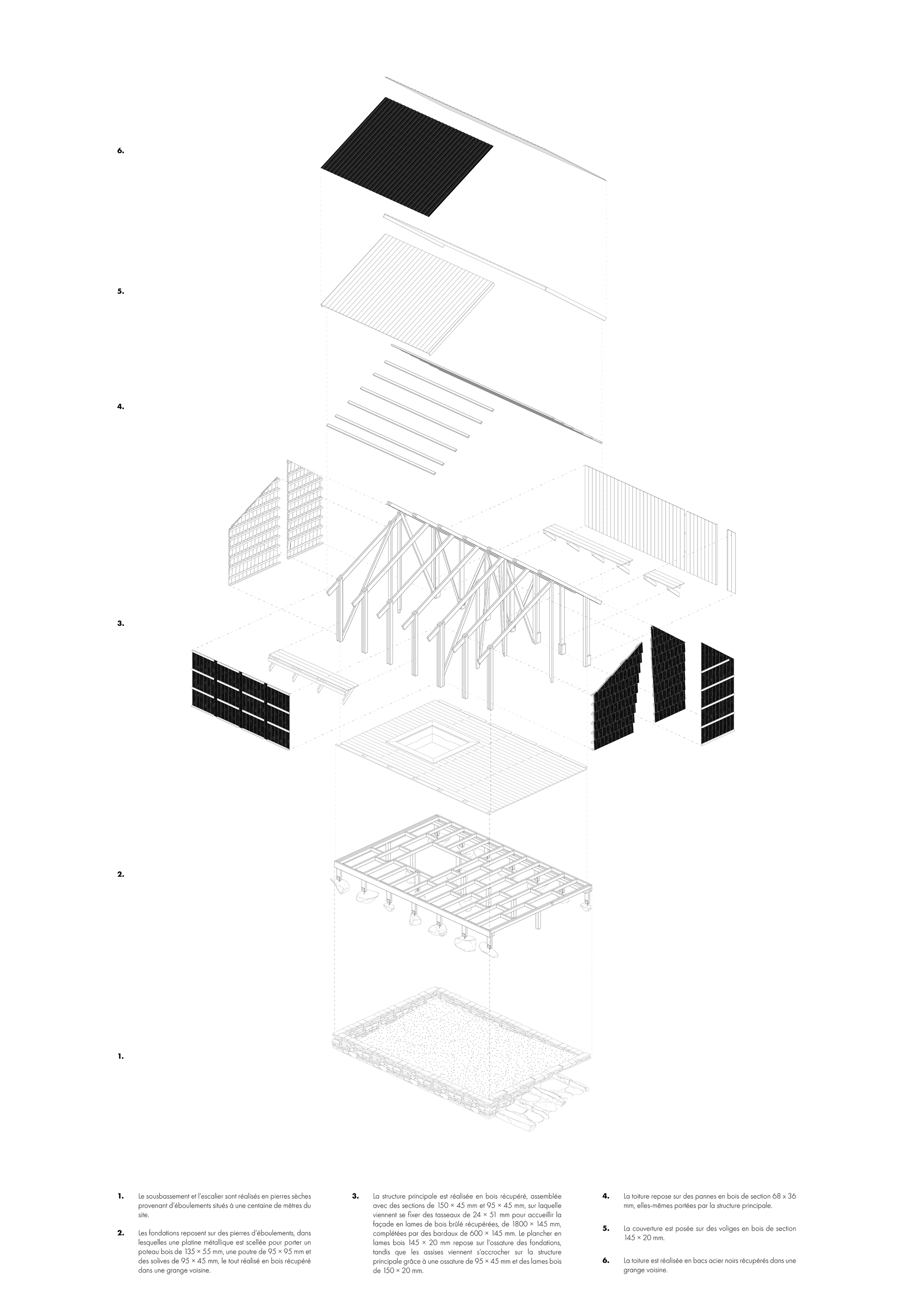 Exploded axonometric drawing showing layers of roof, framing, walls, and foundation components