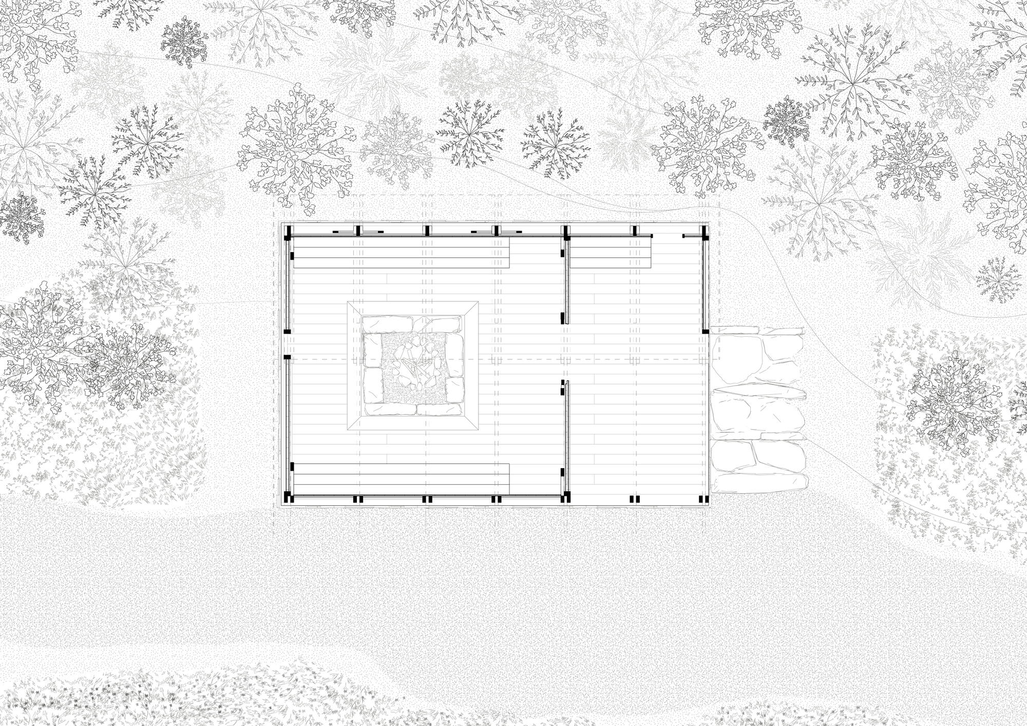 Floor plan drawing with site context showing trees and landscape elements surrounding the structure