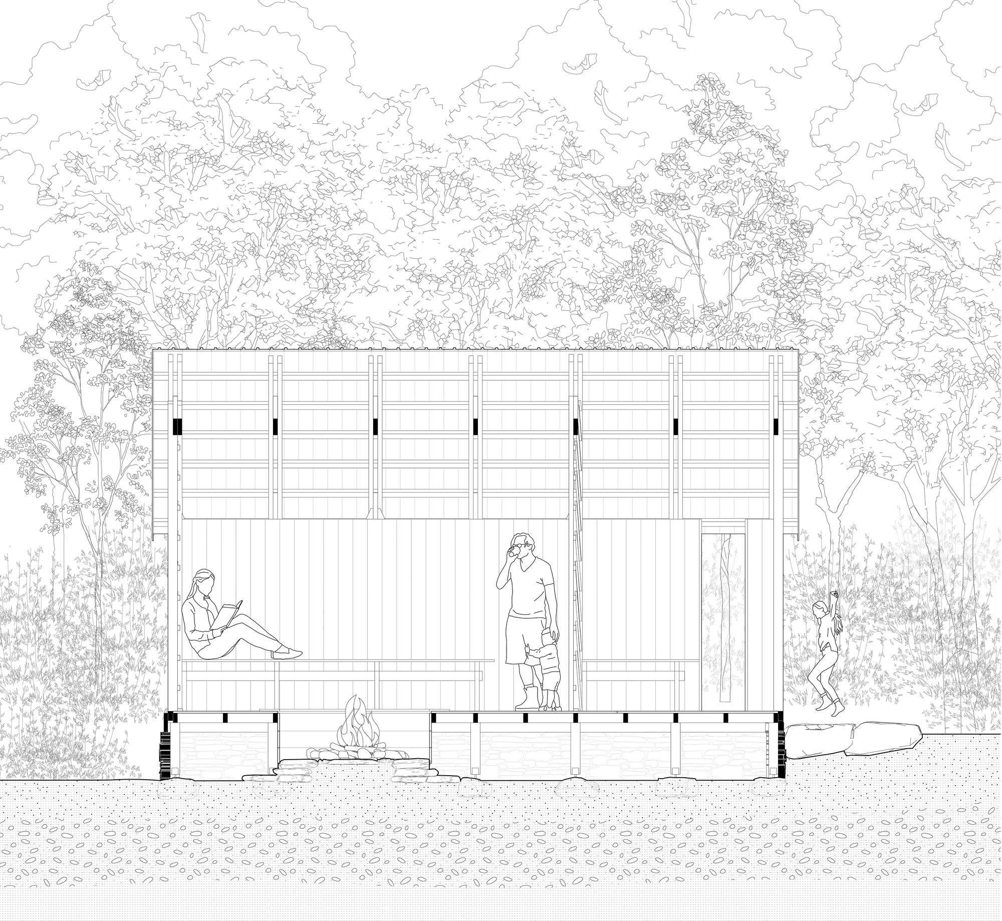 Elevation drawing showing a timber-framed pavilion with vertical cladding and figures seated beside trees