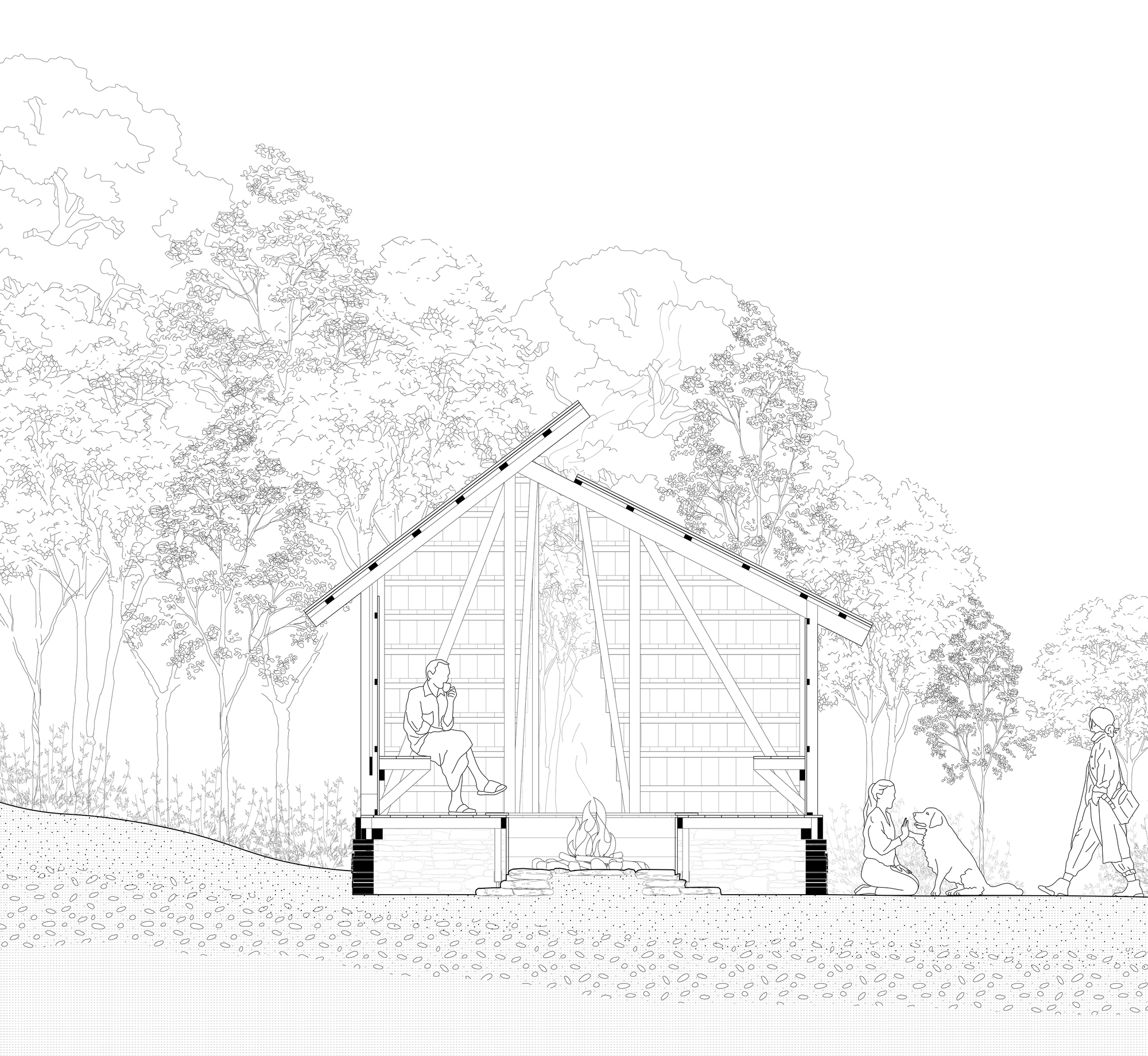 Section drawing depicting the gabled timber structure with diagonal bracing and a figure with a dog