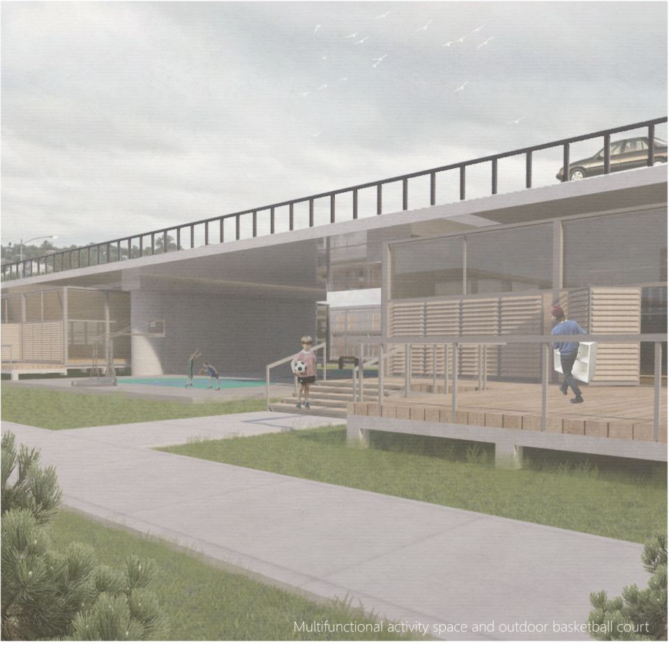 Elevated modular housing with integrated play and community space beneath existing bridge infrastructure
