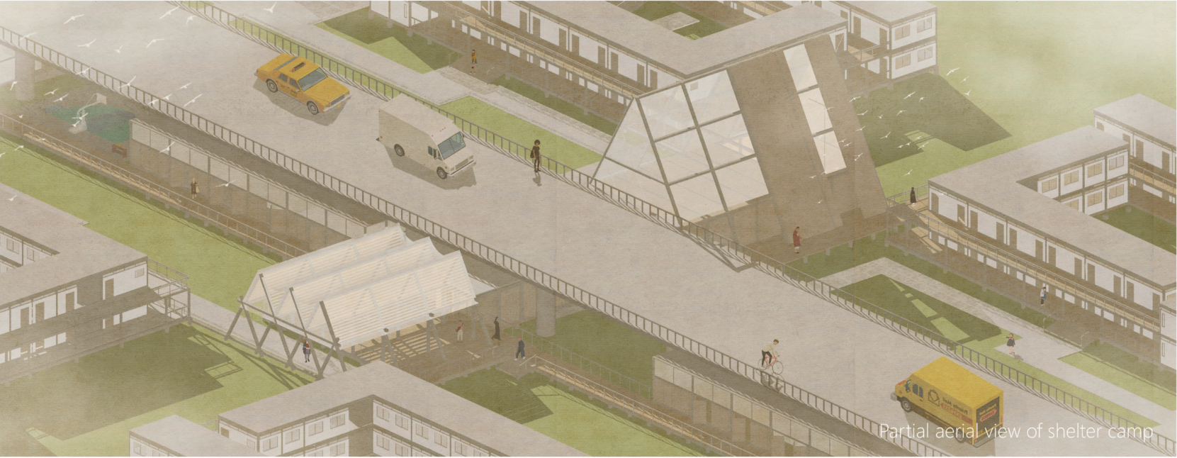 Aerial view showing modular refugee housing clusters organized along infrastructural spine