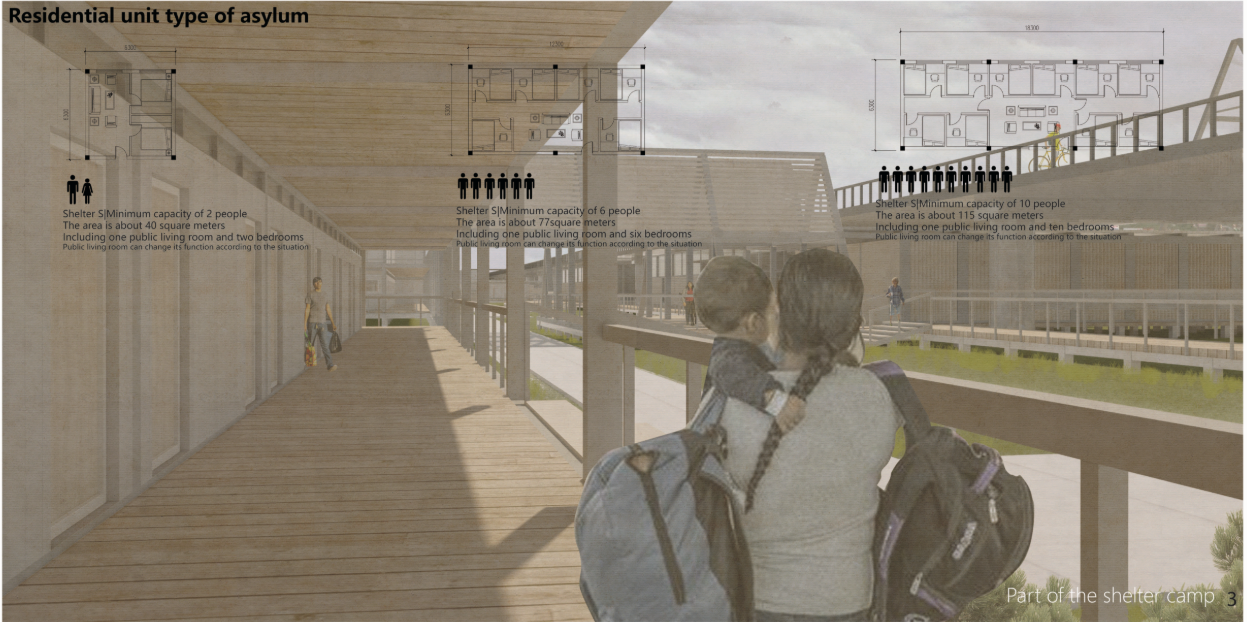 Central courtyard and circulation decks enabling social interaction within modular shelter system