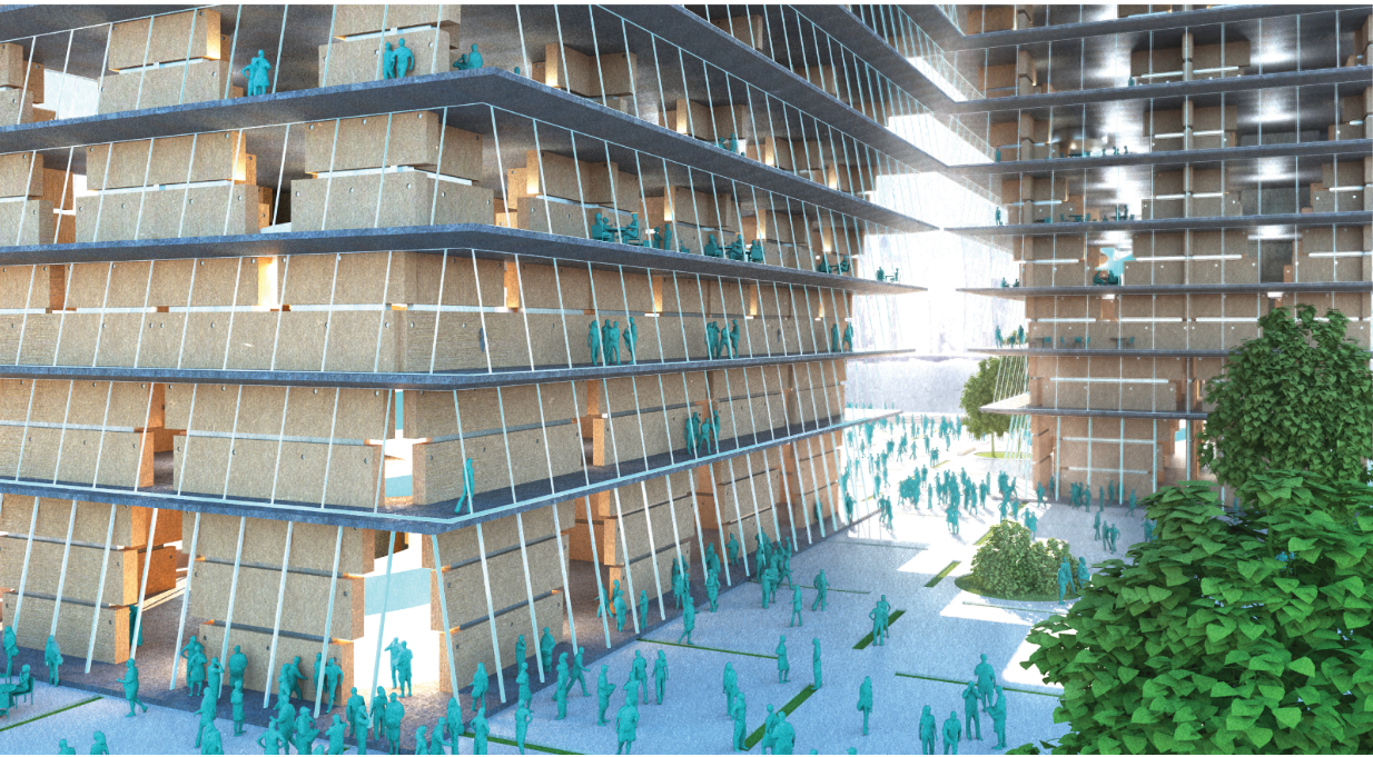 Ground-level public plaza activating the site through porous massing and pedestrian flow.