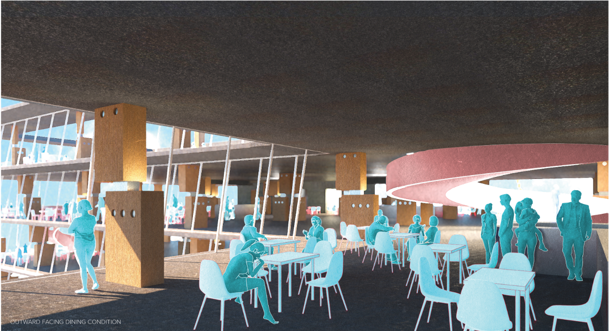 Interior dining spaces shaped by a modular column grid enabling diverse spatial experiences.