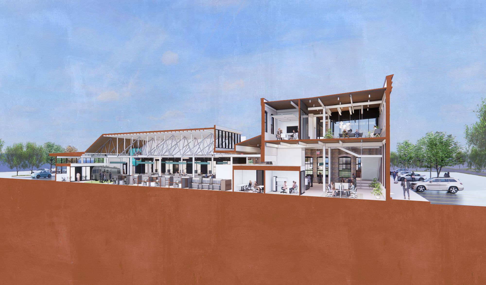 Sectional drawing revealing interior program distribution across multiple levels with roof terrace and parking