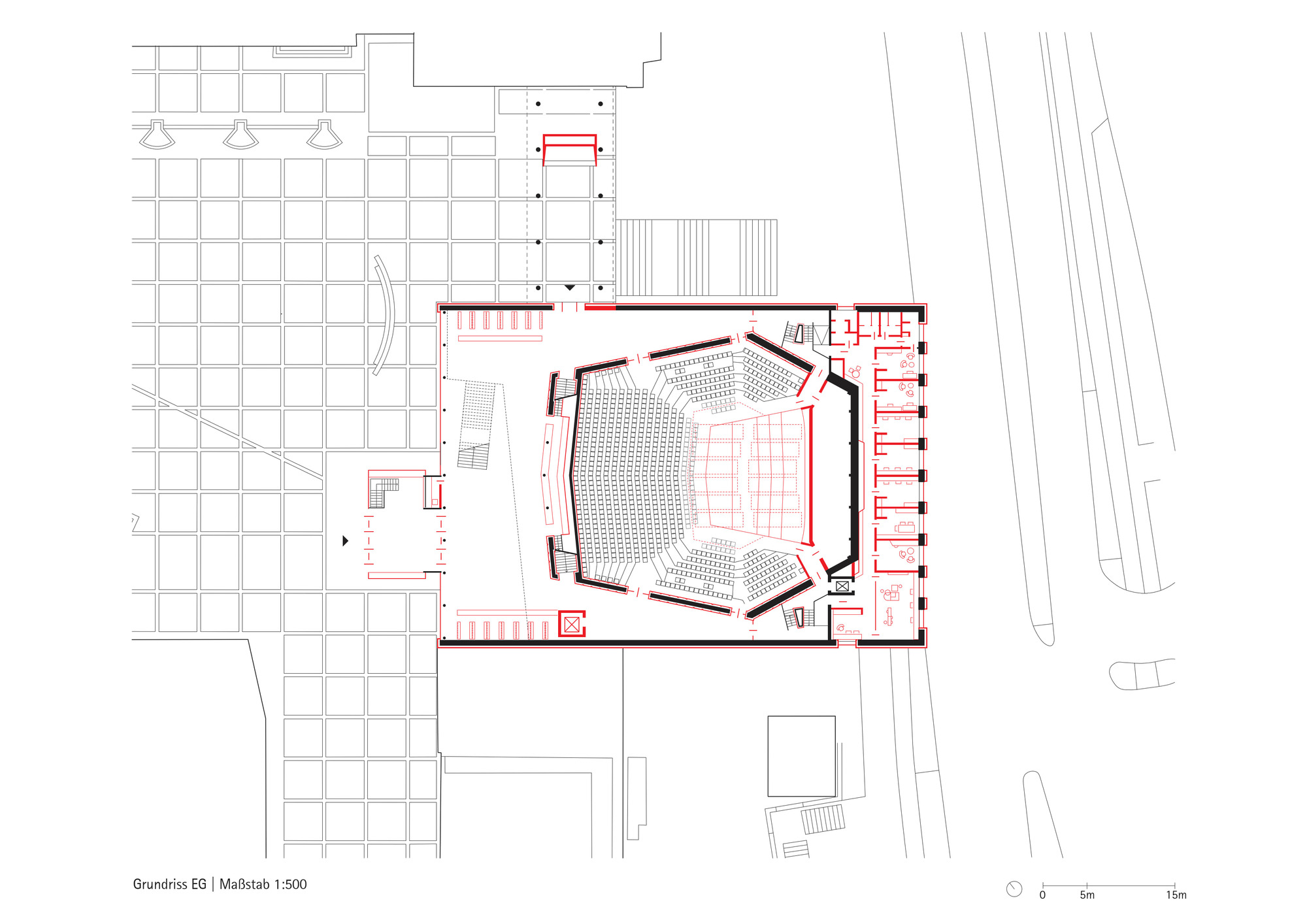 Ground floor plan drawing showing central auditorium seating with angled walls and surrounding circulation