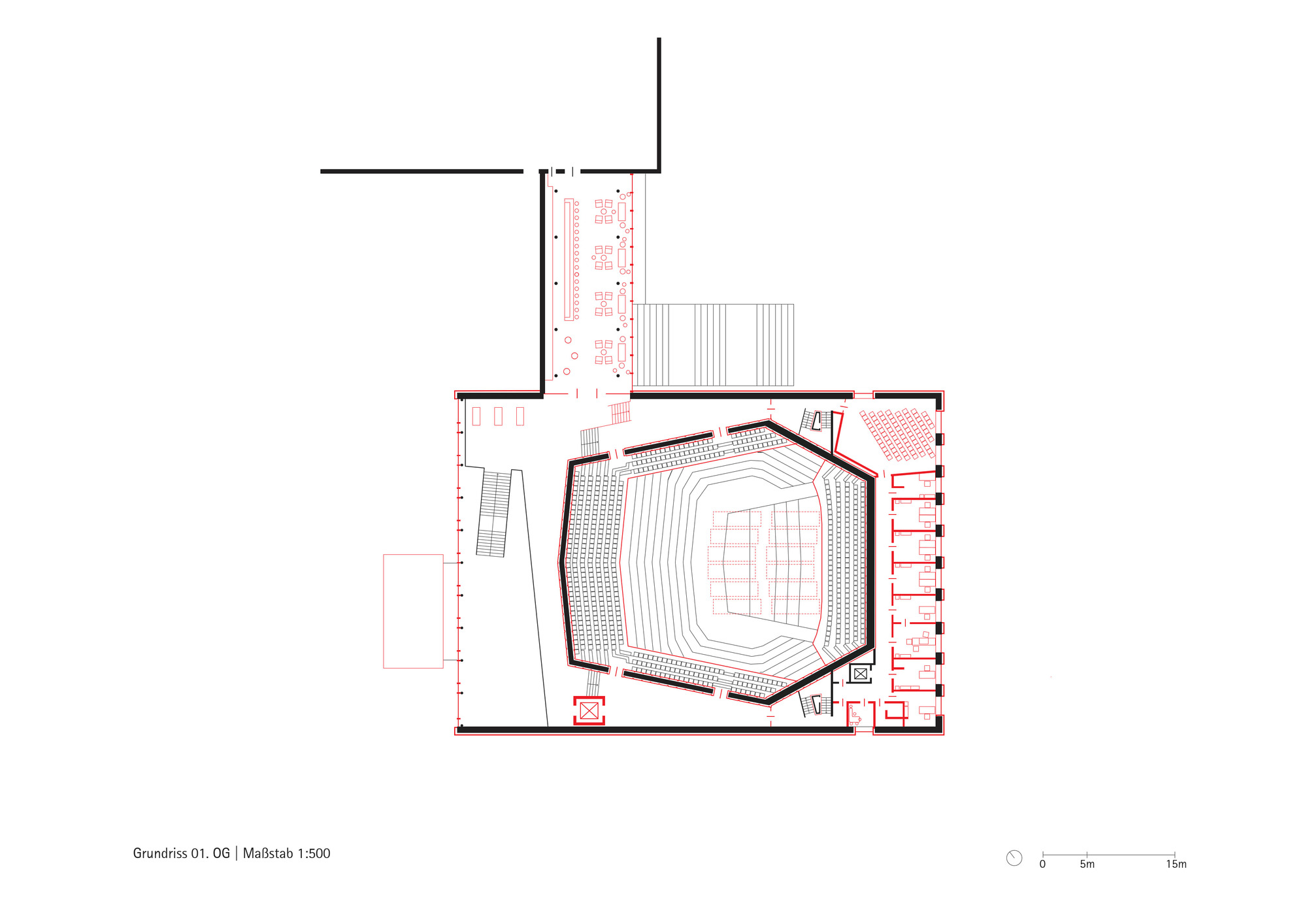 Upper floor plan drawing showing hexagonal auditorium volume with tiered seating and side rooms