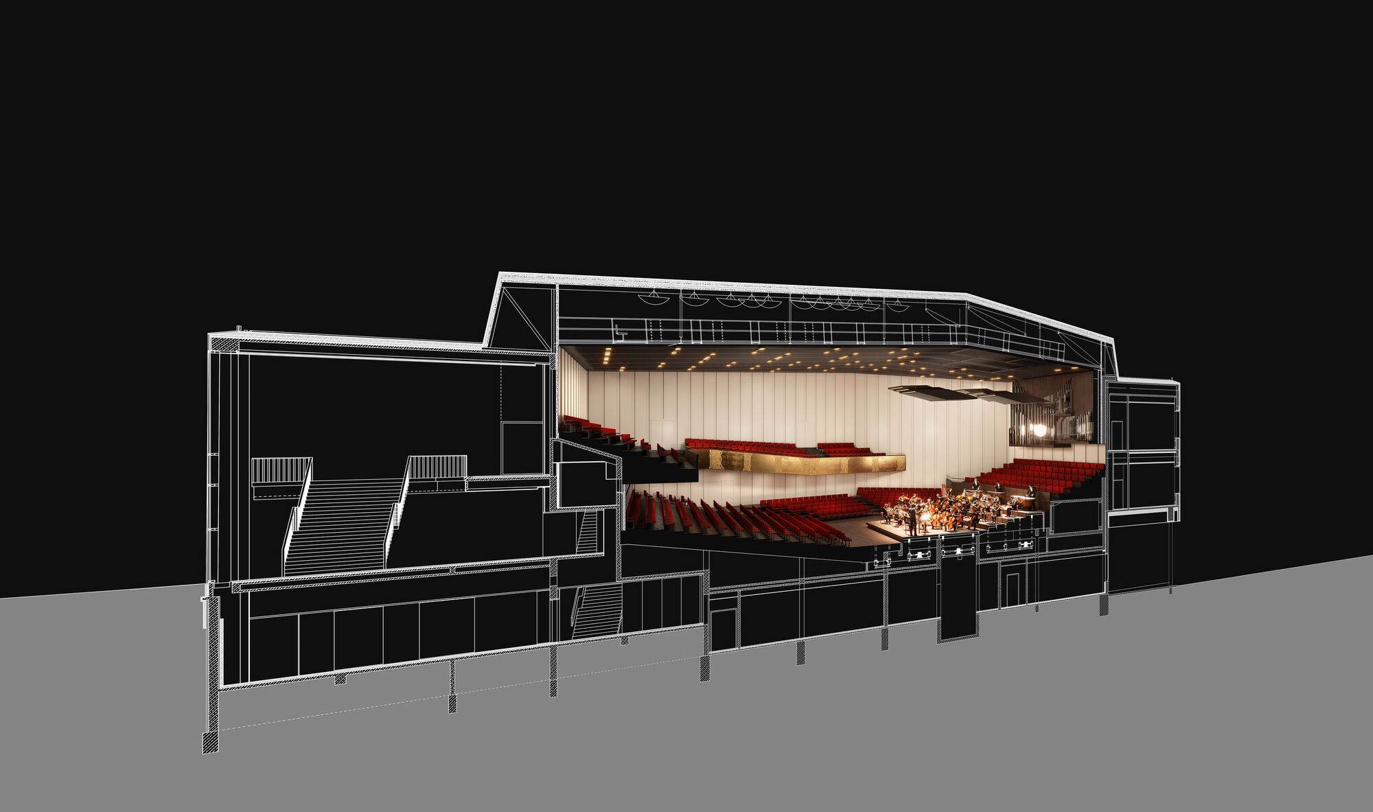 Cutaway section rendering revealing the tiered auditorium seating and warm ceiling lights within the structural frame
