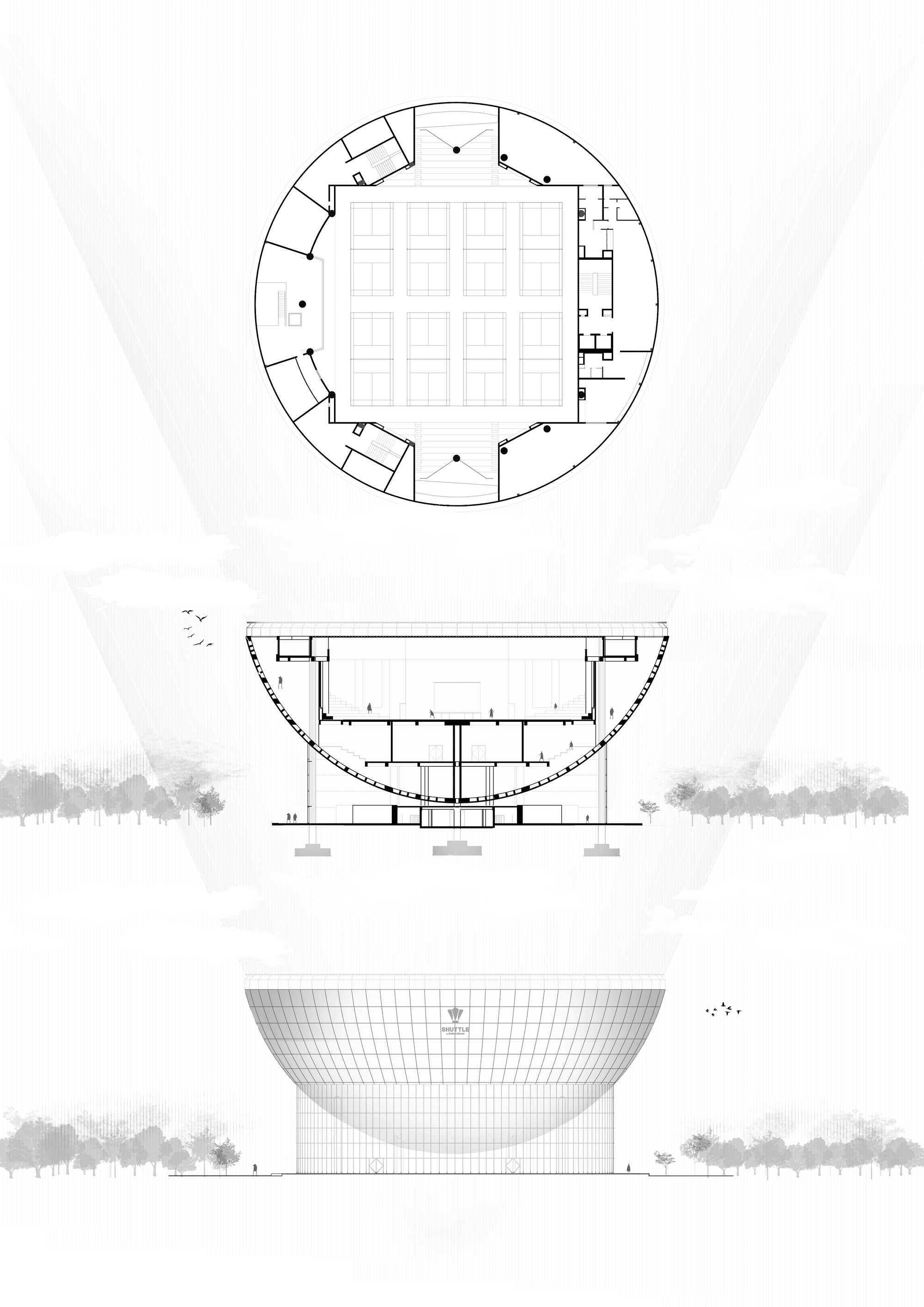 Floor plan, section drawing, and elevation showing the circular bowl form with central court