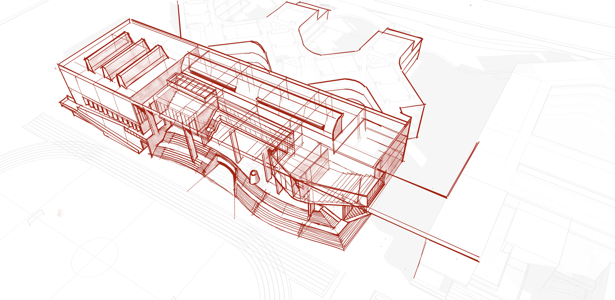Axonometric drawing showing a transparent structural framework with curved roof volumes and exposed interior spaces