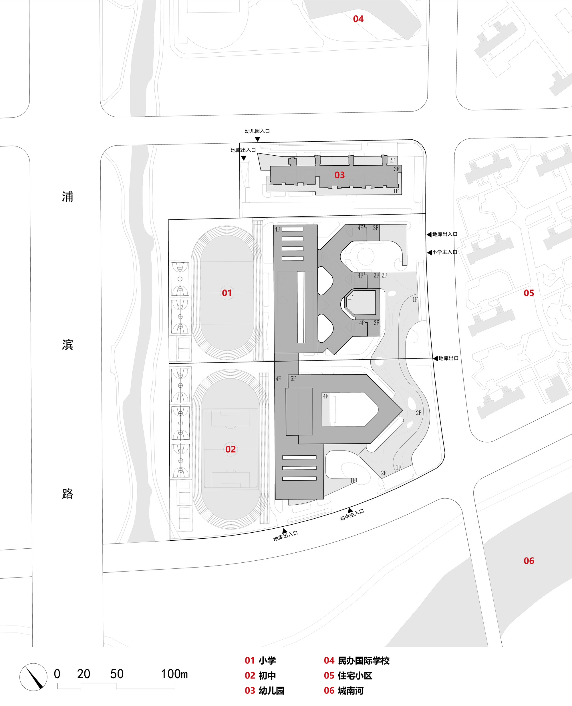 Site plan drawing showing clusters of buildings arranged around athletic fields with surrounding street context