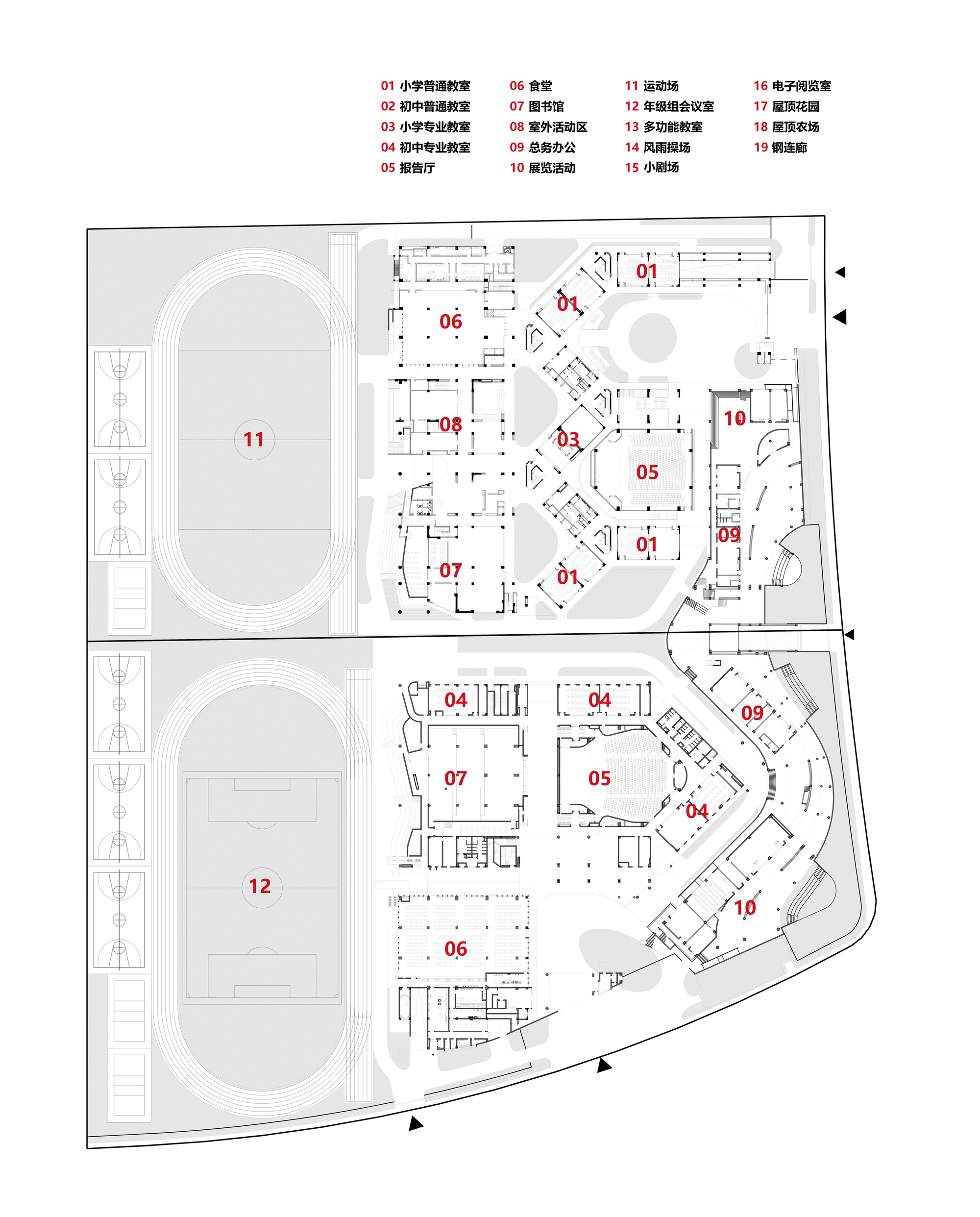 Floor plan drawing of two parallel levels with athletic fields and interconnected classroom wings