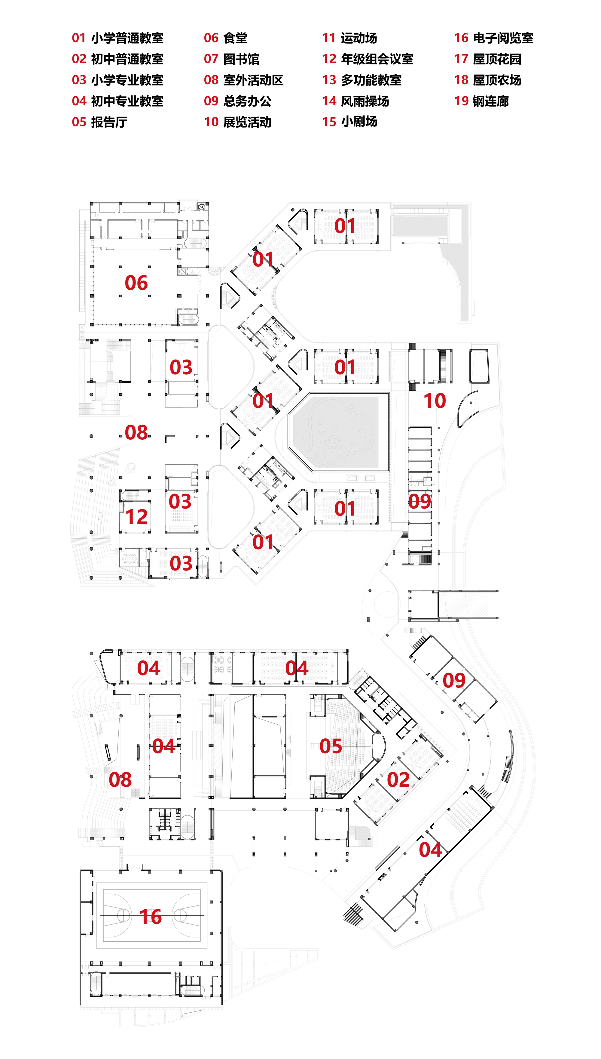 Floor plan drawing showing radial classroom clusters connected by circulation corridors and a central courtyard