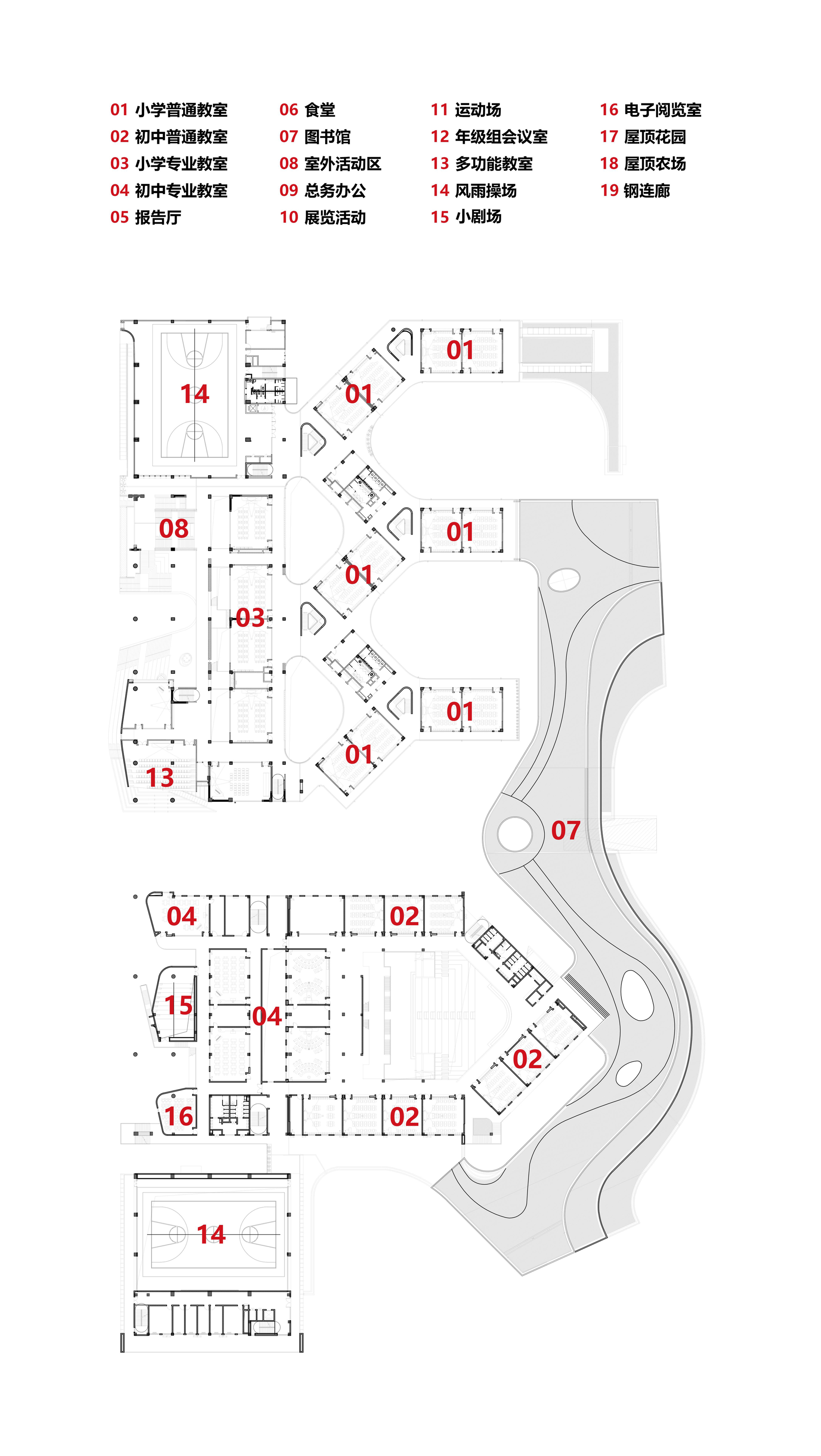 Floor plan drawing depicting angular building wings with organic landscape contours along the eastern edge