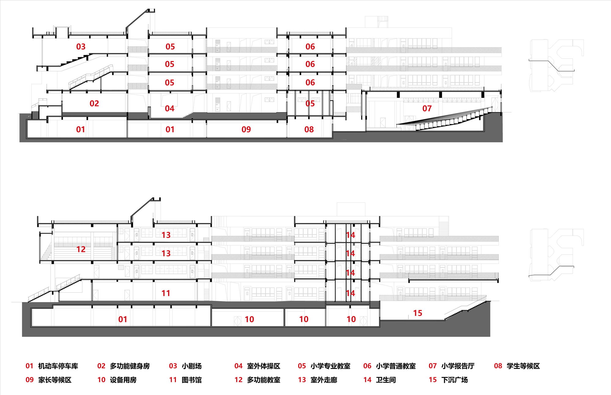 Section drawings illustrating interior circulation through teaching spaces and a sloped auditorium
