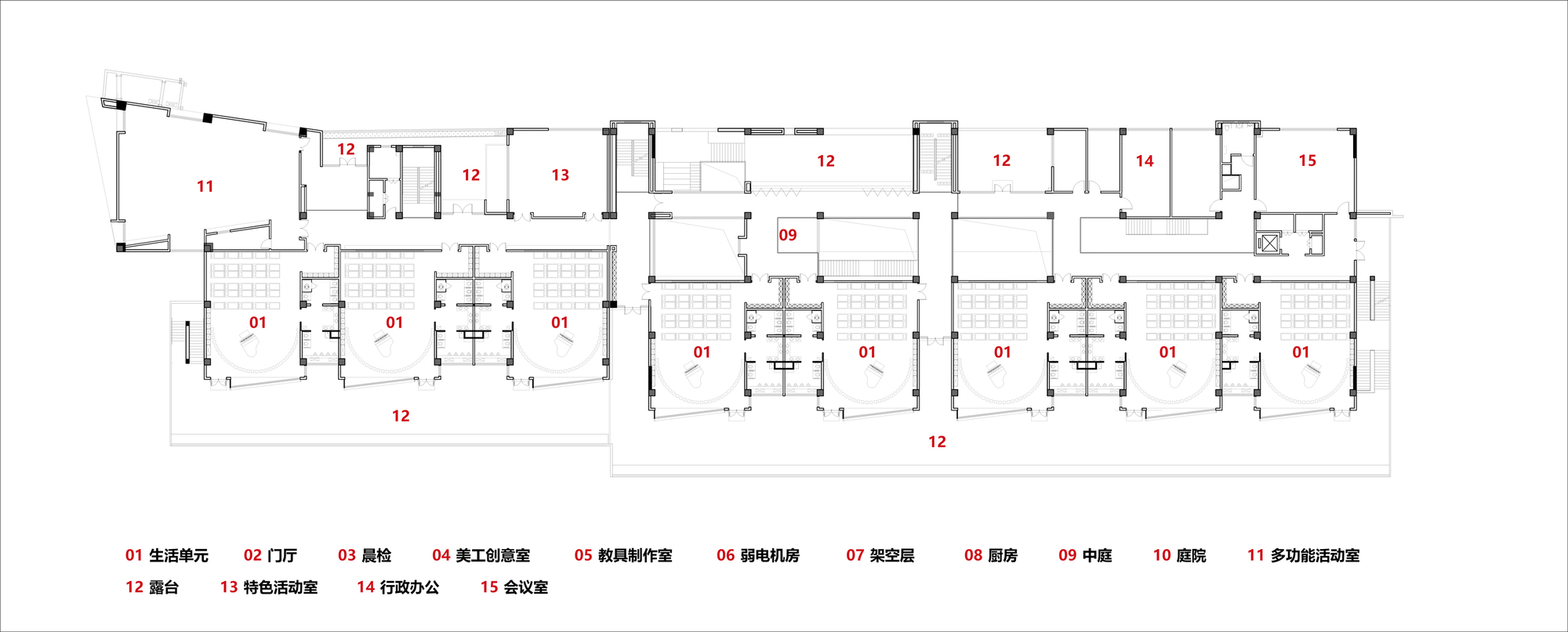 Floor plan drawing showing classroom wings arranged around a central courtyard