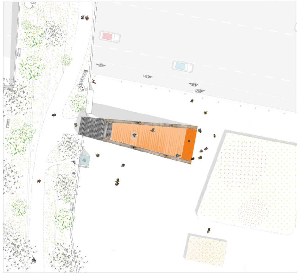 A strategically placed folly structure anchors the site, creating a focal point for gathering, performance, and spatial transition.