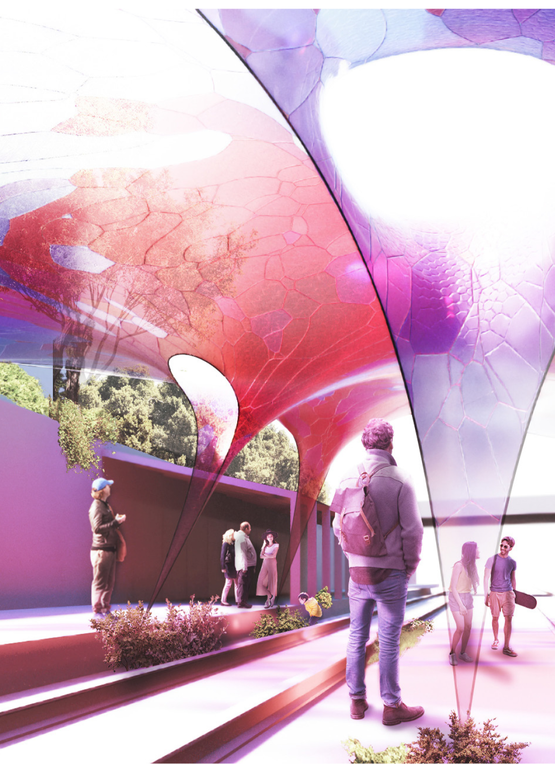 Fluid architectural surfaces create adaptive public spaces where light, structure, and movement merge beneath a responsive canopy.