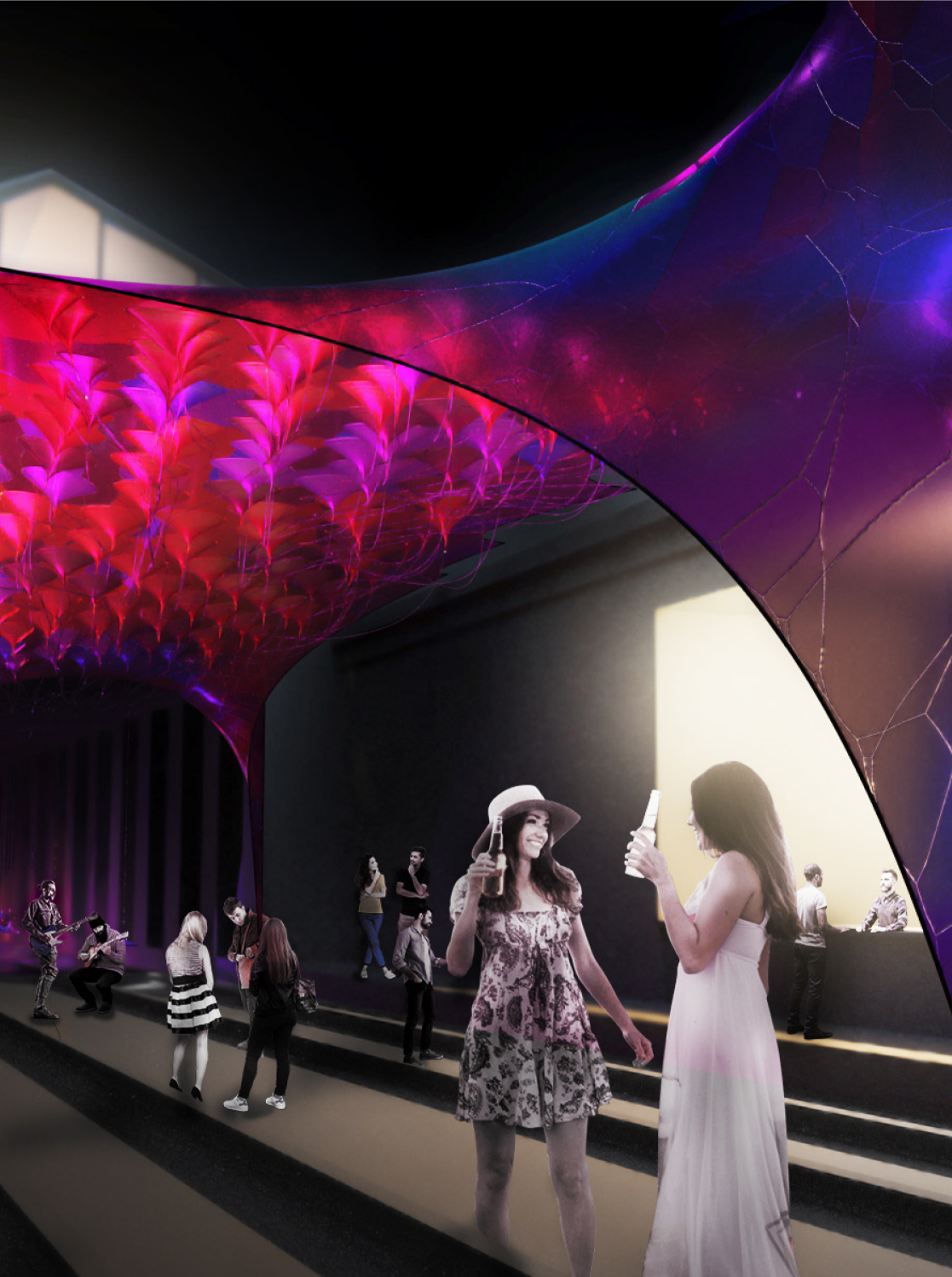 A performative interior activated by luminous materials, enabling social interaction within a digitally driven architectural environment.