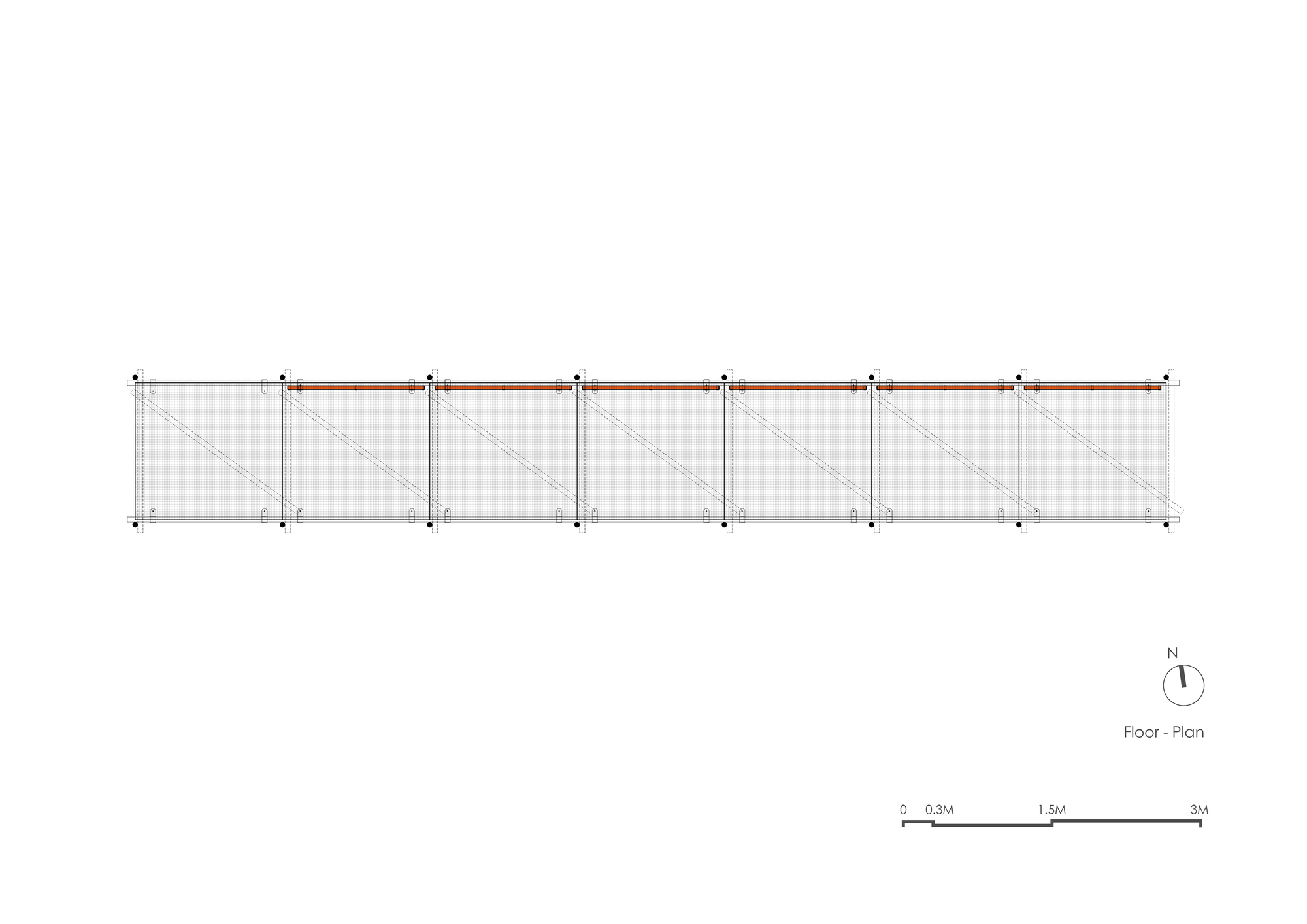 Floor plan drawing showing seven bays of diagonal bracing with one timber beam highlighted in orange