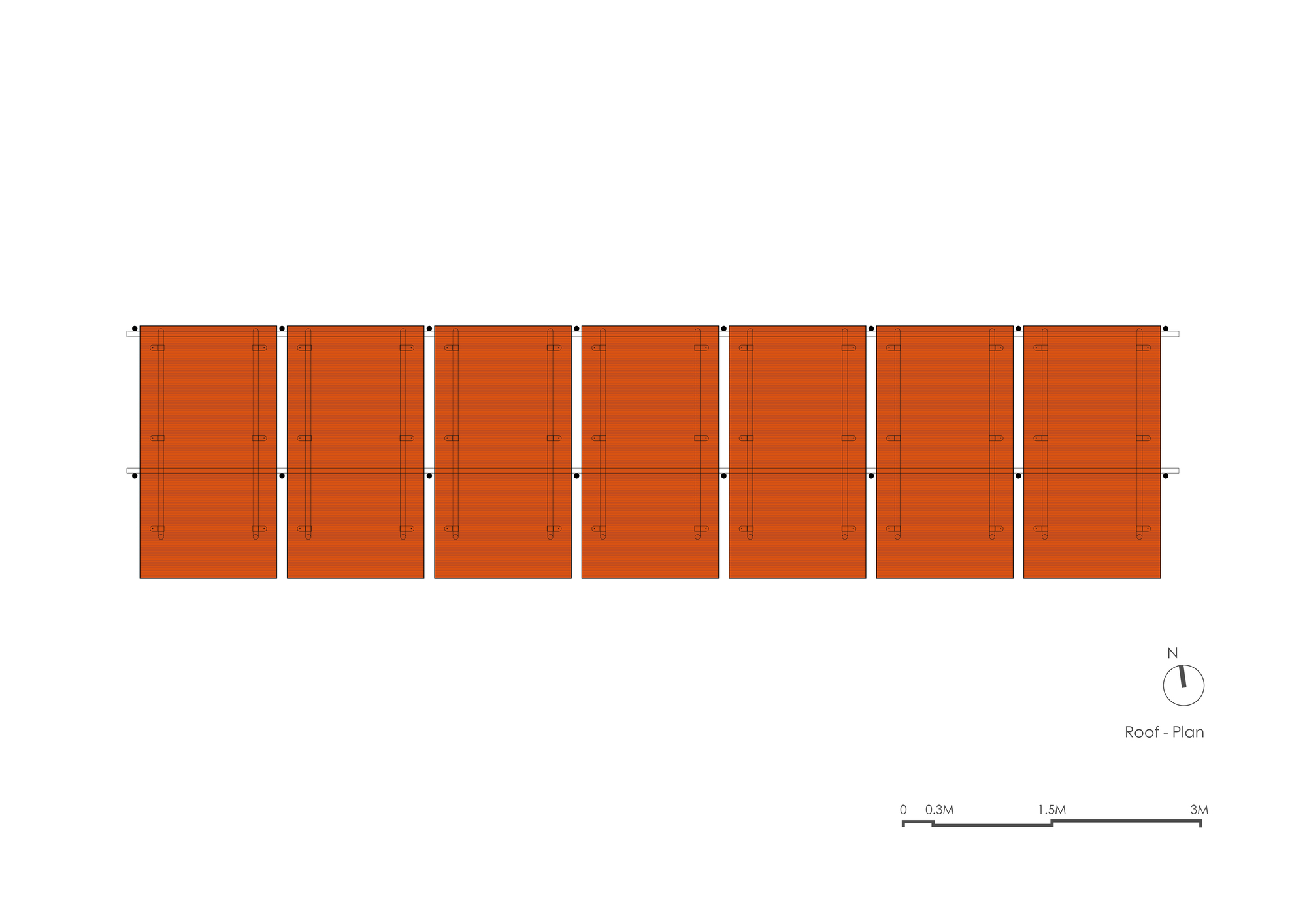 Roof plan drawing showing seven orange rectangular panels spanning between steel columns and cross-bracing