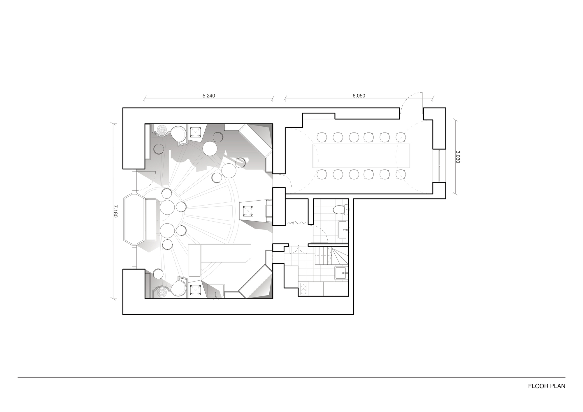 Floor plan drawing showing curved seating zones, conference room, and central stairwell