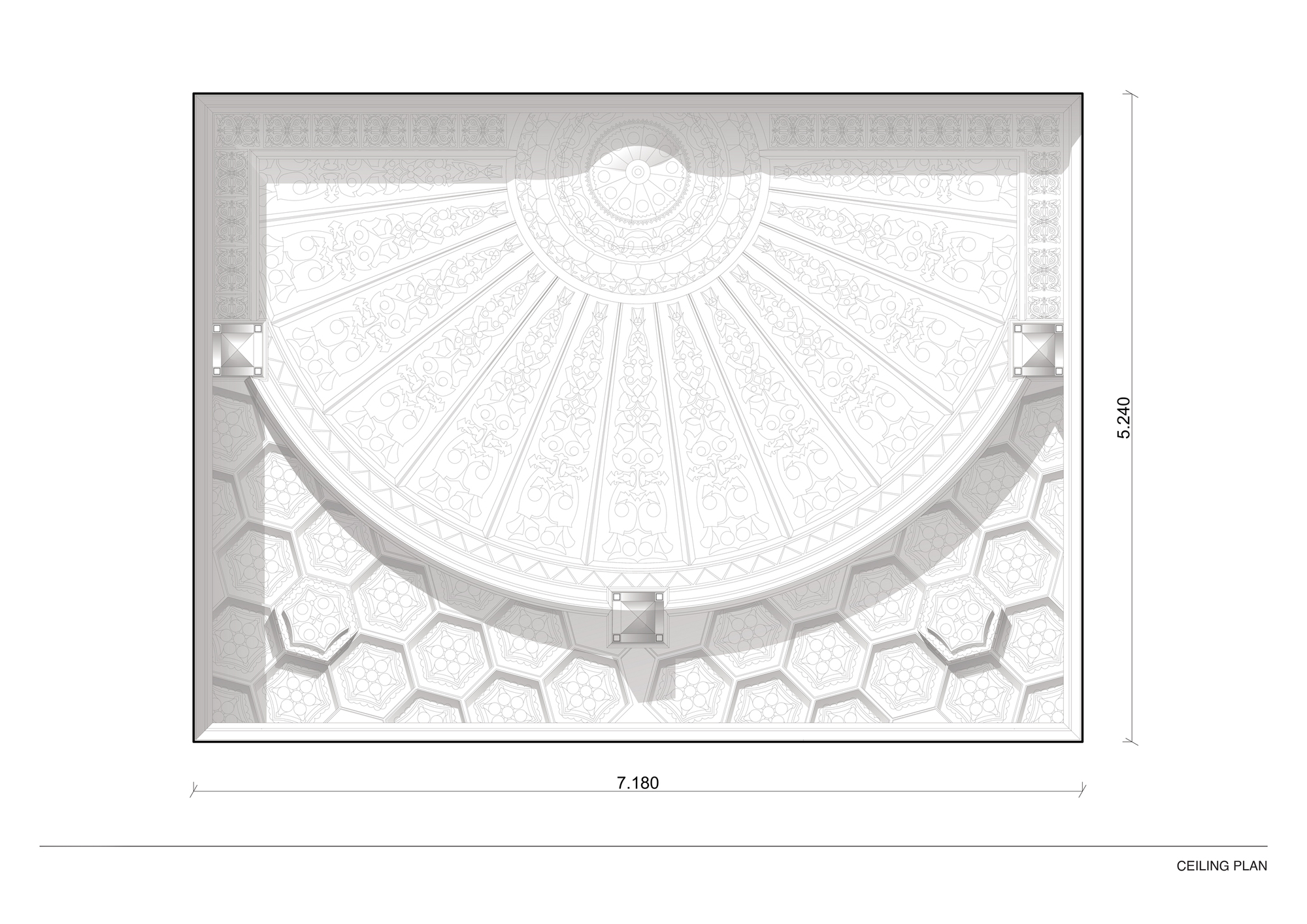 Ceiling plan drawing depicting radiating fan pattern with circular oculus and hexagonal tile surround