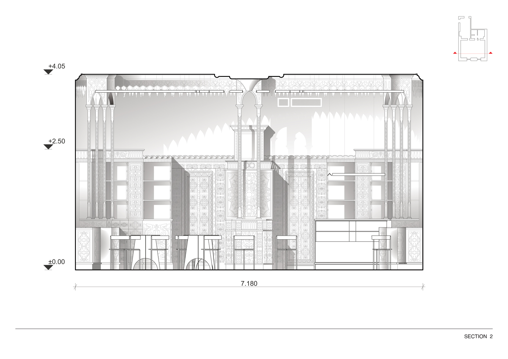 Section drawing revealing symmetrical interior with central ornamental portal and flanking shelving units