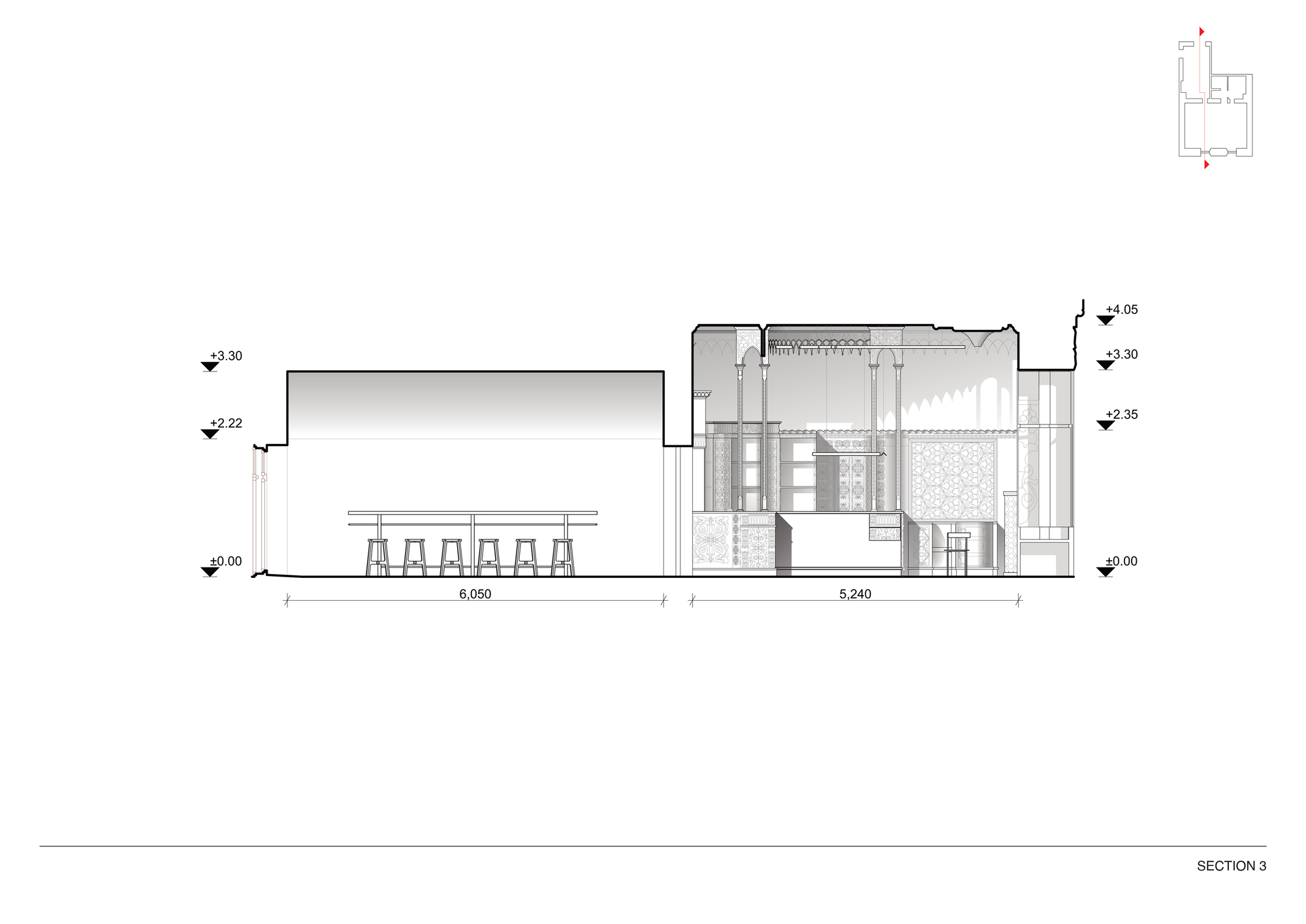 Section drawing displaying bar counter with stools on left and layered interior volumes on right