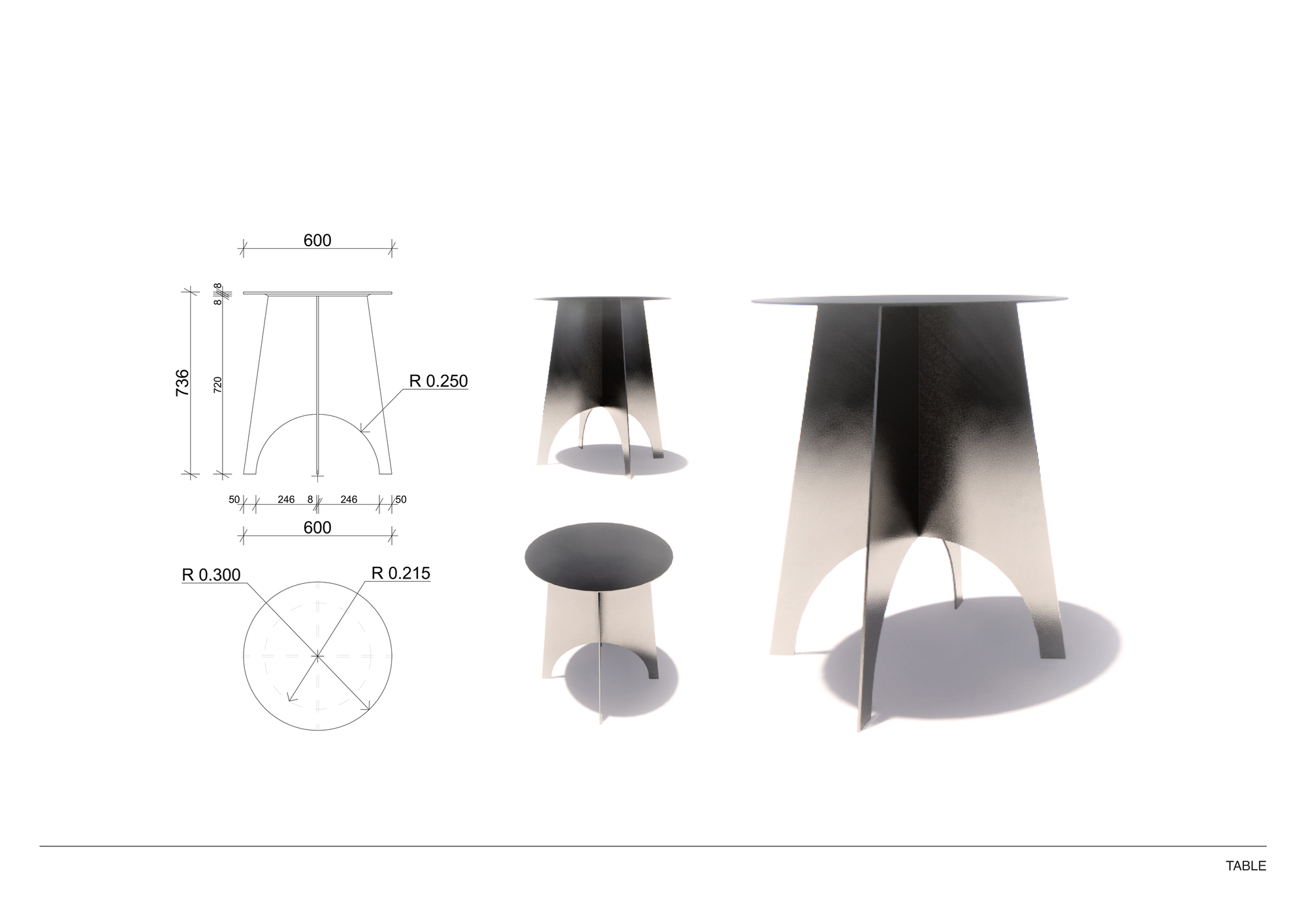 Technical drawing and photographs showing a round table with curved metal base and circular stool on white surface