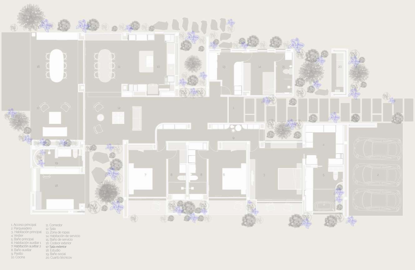 Site plan drawing showing residential layout with interior rooms and landscaped planting zones indicated throughout