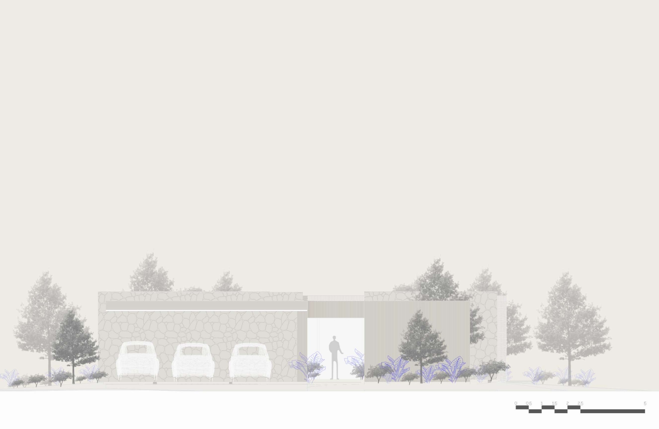 Elevation drawing depicting a horizontal structure with three garage doors and a central entrance framed by trees