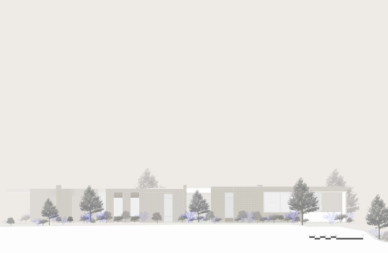 Elevation drawing showing a low horizontal building with vertical window openings set among evergreen trees