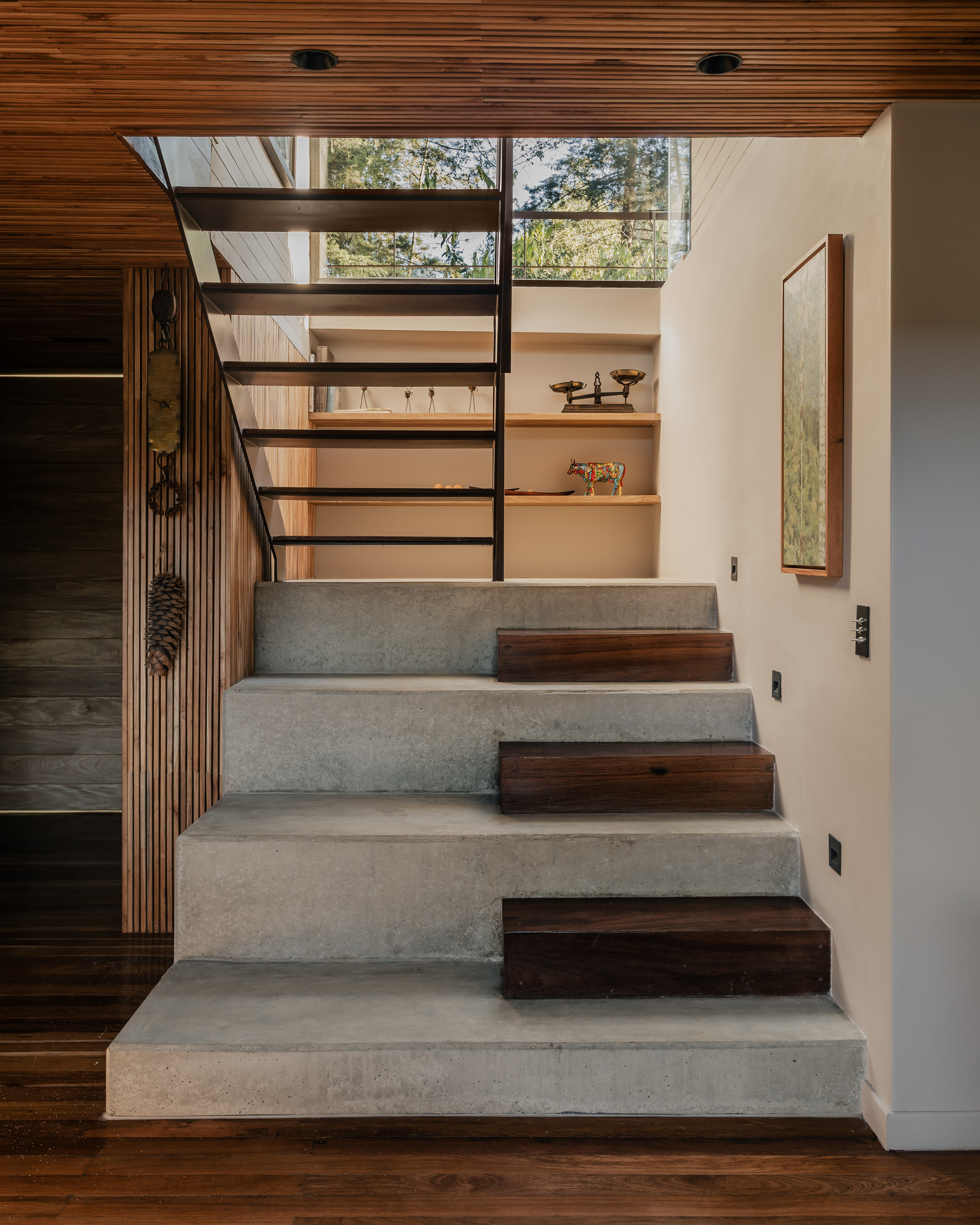 Concrete stairs with alternating timber treads leading to open shelving beneath a clerestory window