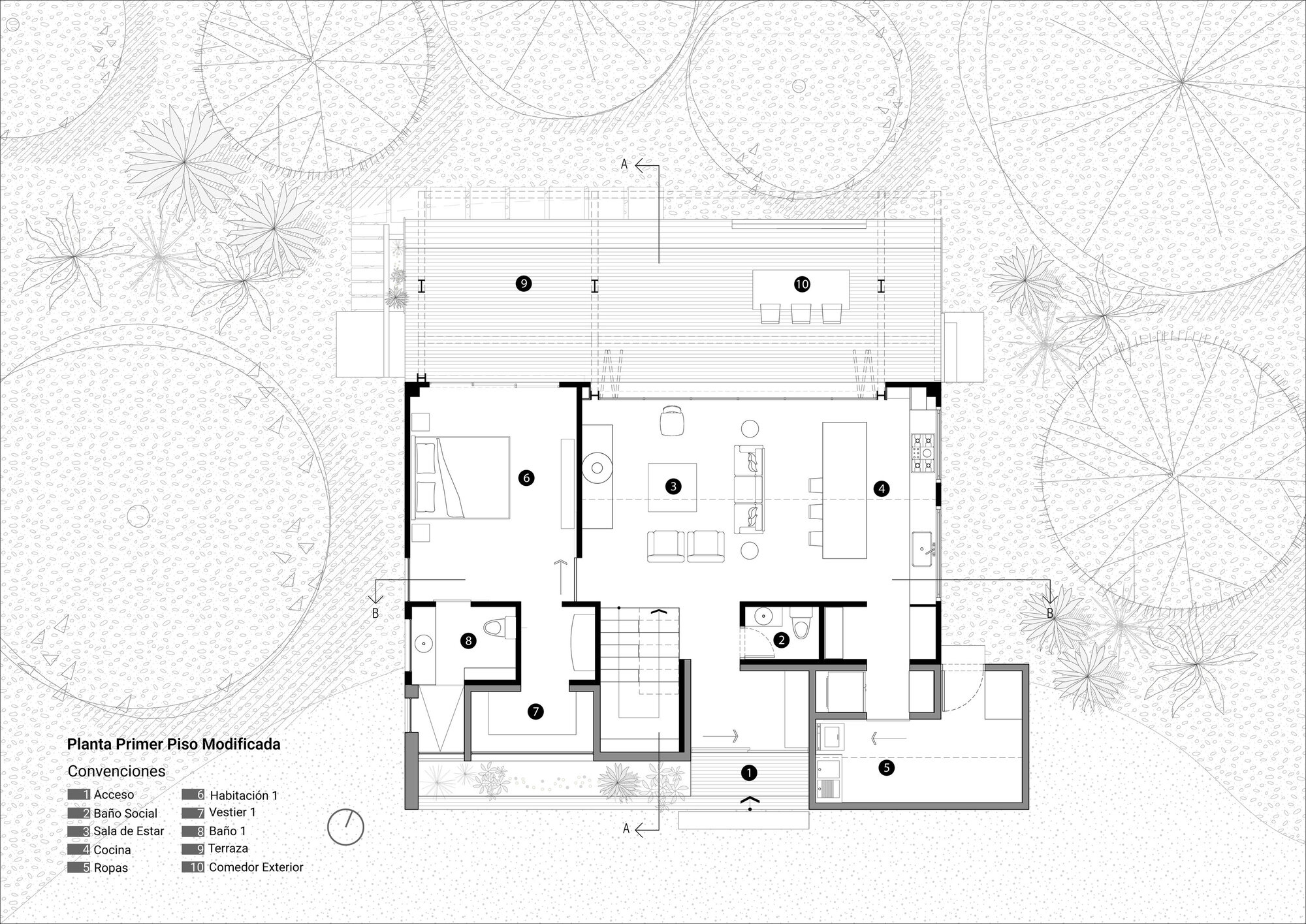 Floor plan drawing showing modified first floor layout with terrace and stair connecting interior spaces