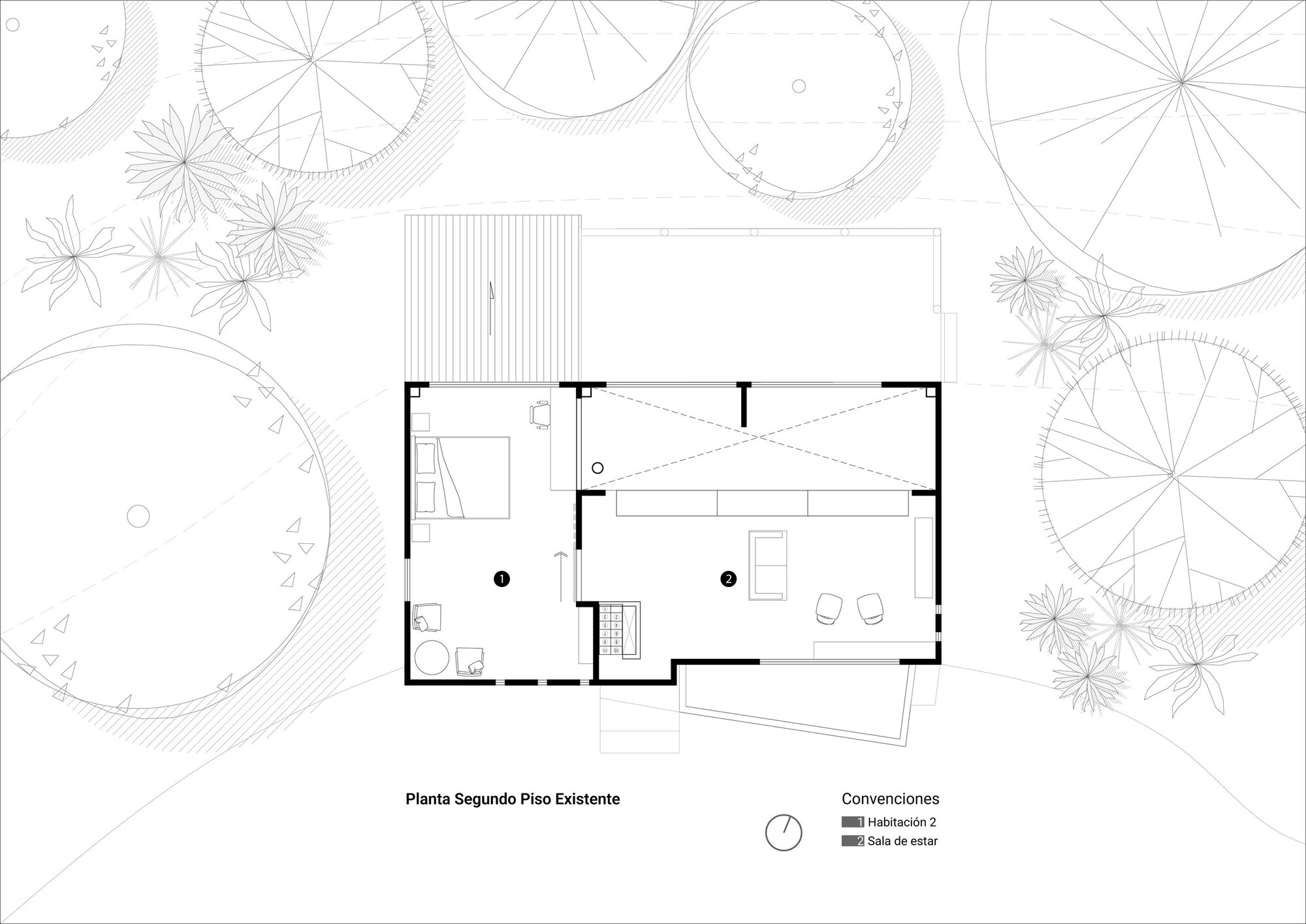 Second floor plan drawing showing bedroom and living room with sloped roof indicated by dashed lines