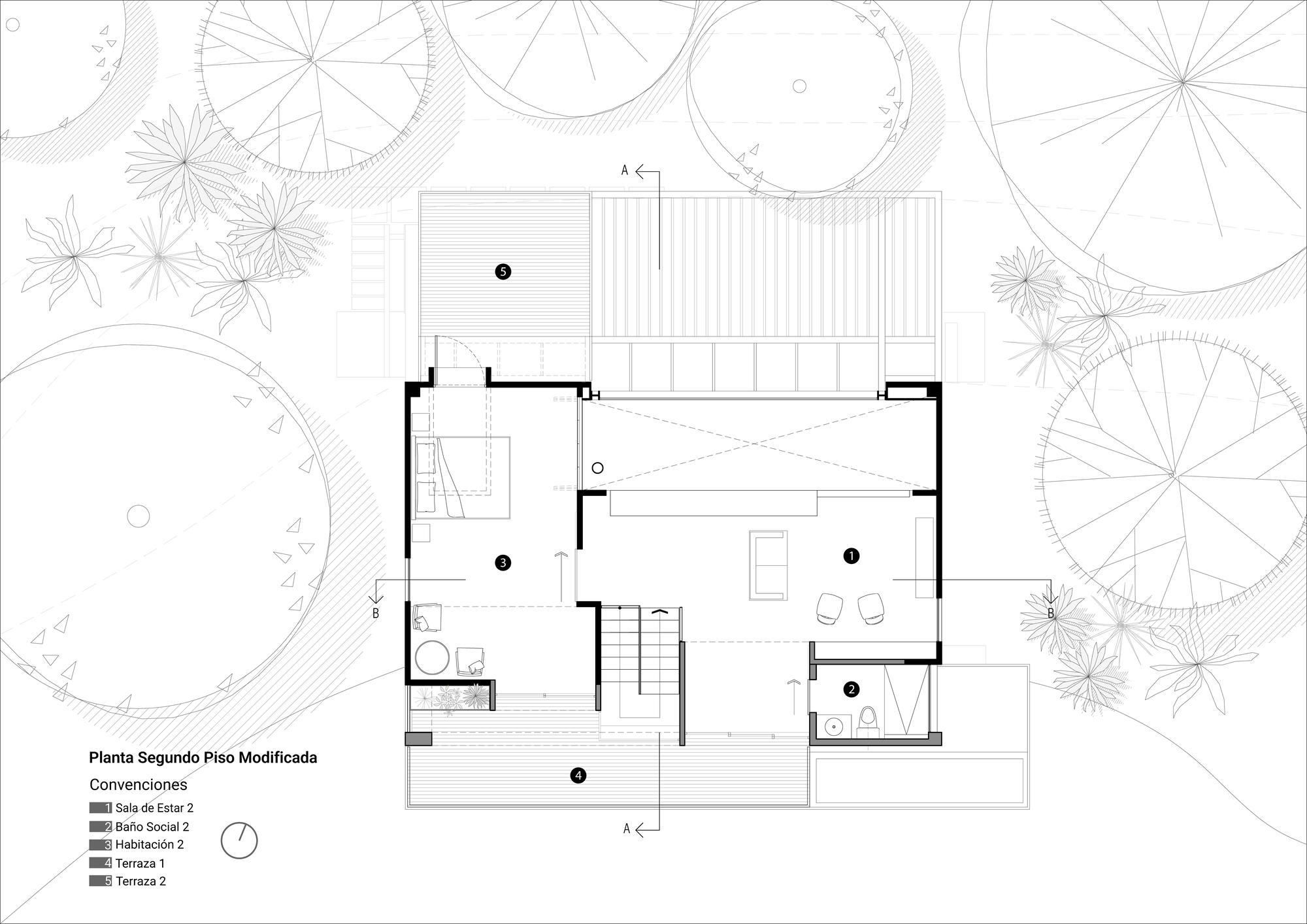 Modified second floor plan drawing showing bedroom bathroom and terrace with striped decking notation