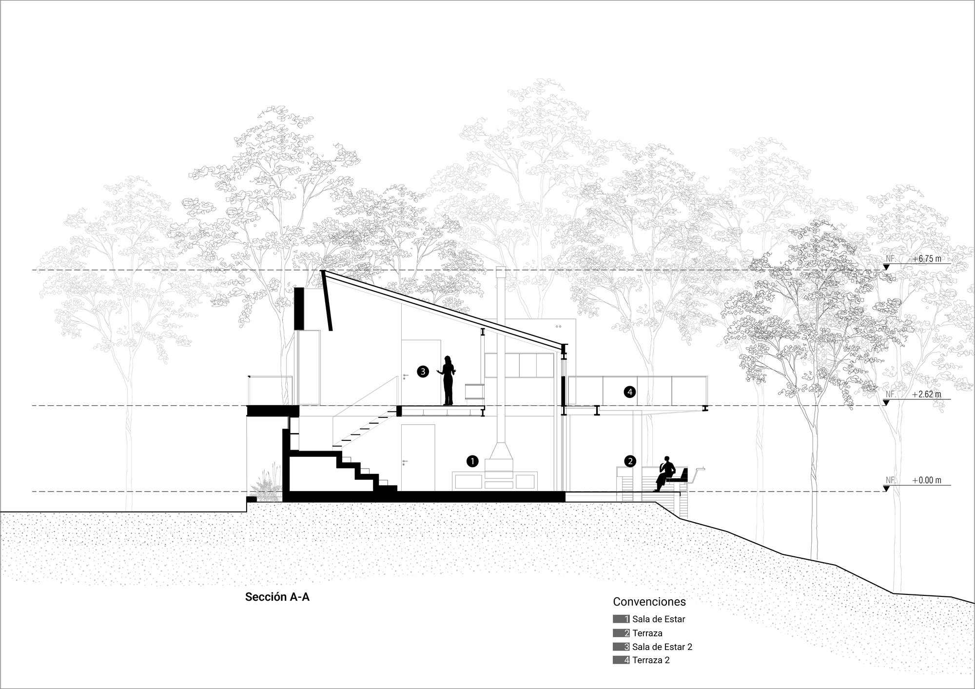 Section drawing through the split-level residence showing sloped roof interior stair and figures among trees